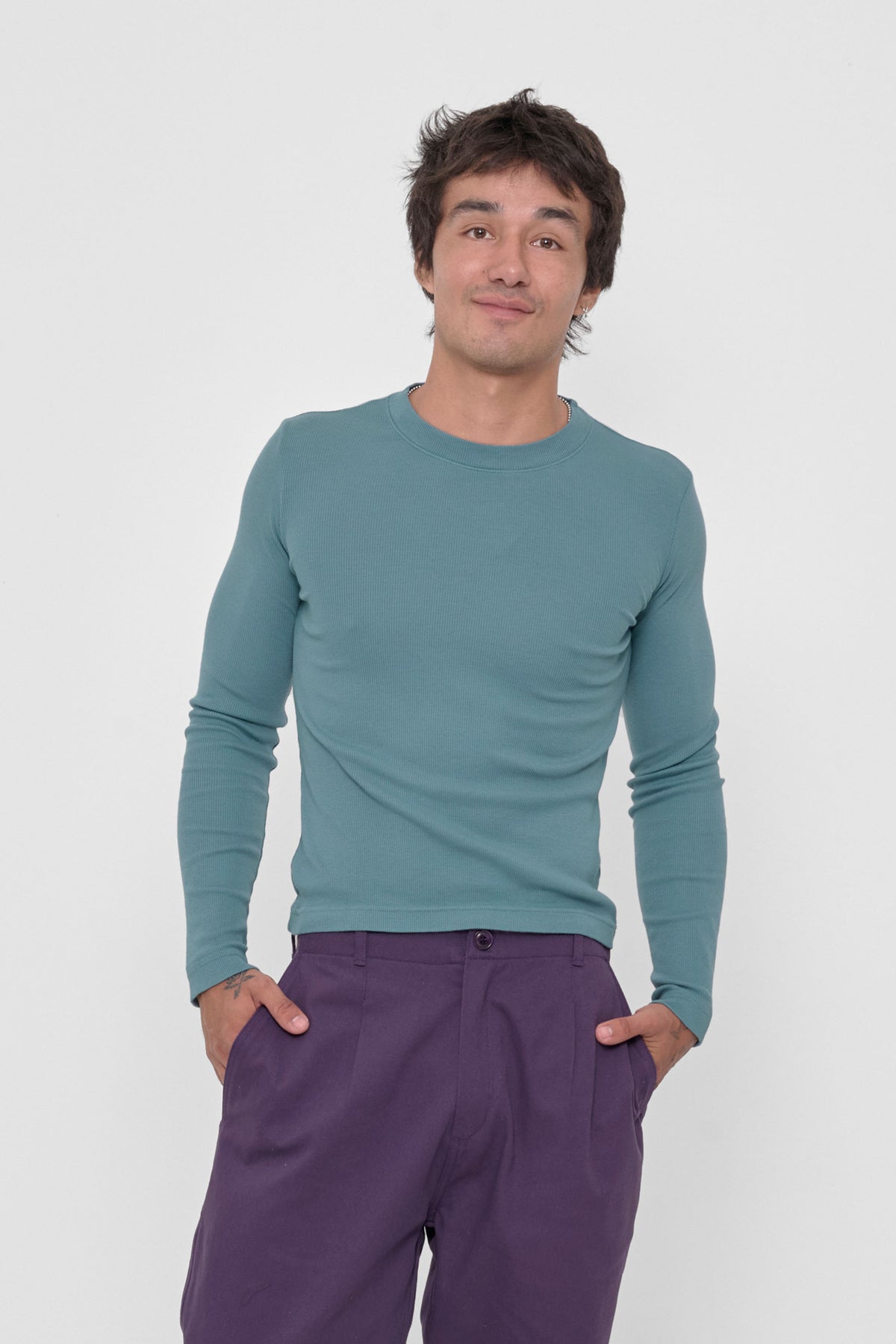 Rib Long Sleeve in Oyster – front view on model