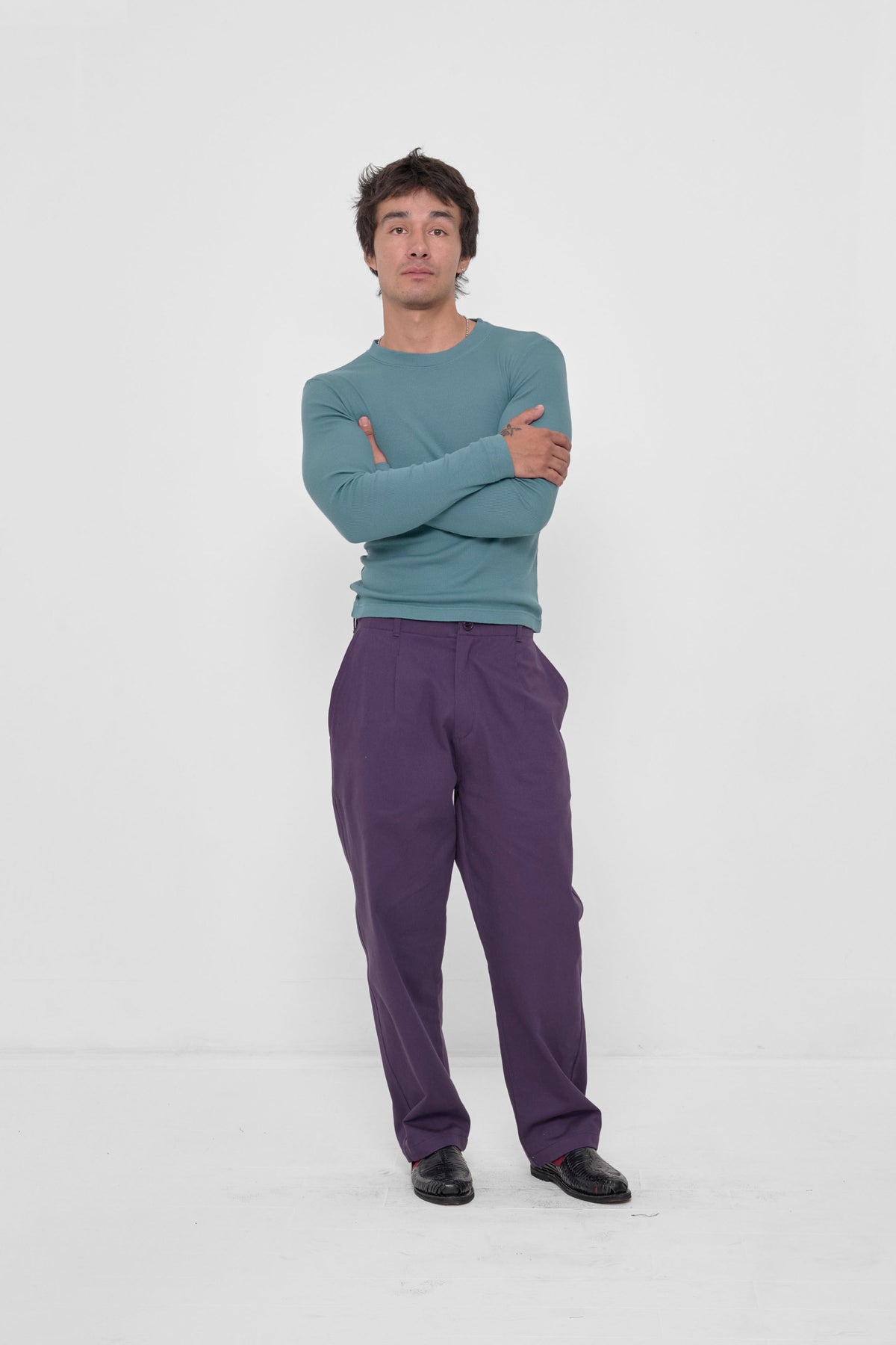 Rib Long Sleeve in Oyster – front view on model, styled with Washed Mulberry Life Uniform Pants