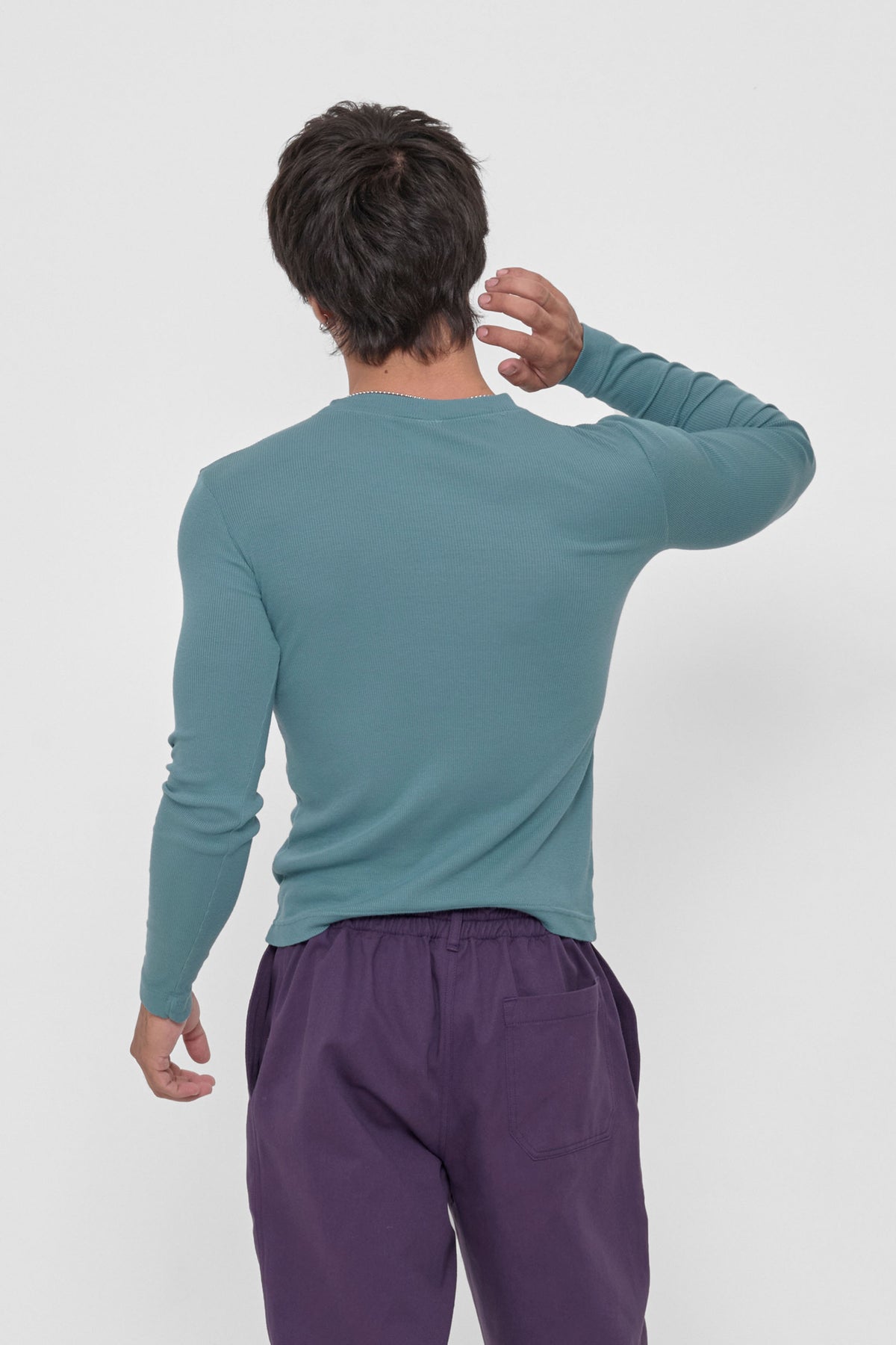 Rib Long Sleeve in Oyster – back view on model