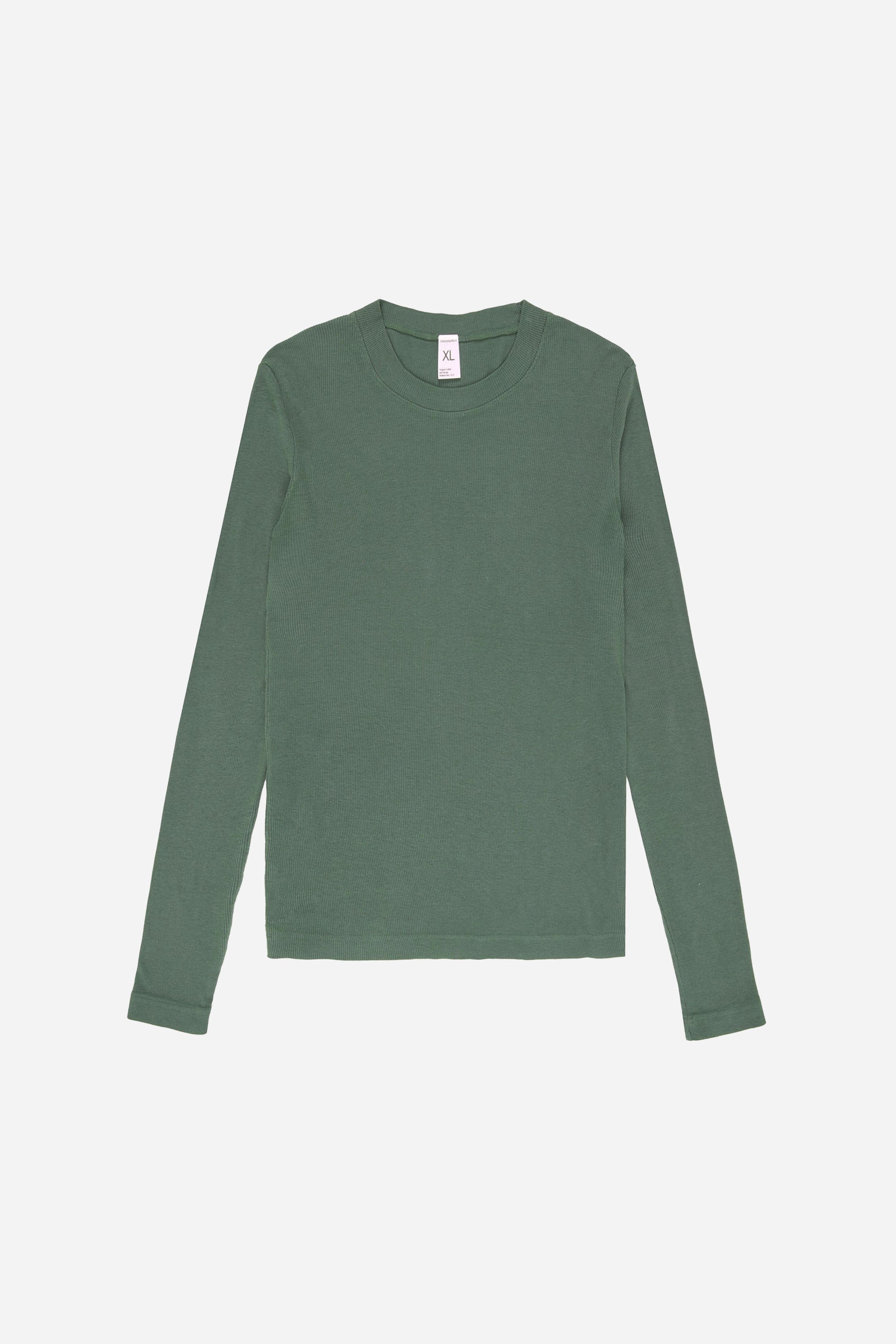 Flat lay of the Rib Long Sleeve in Pine, showing the full length and long sleeves.