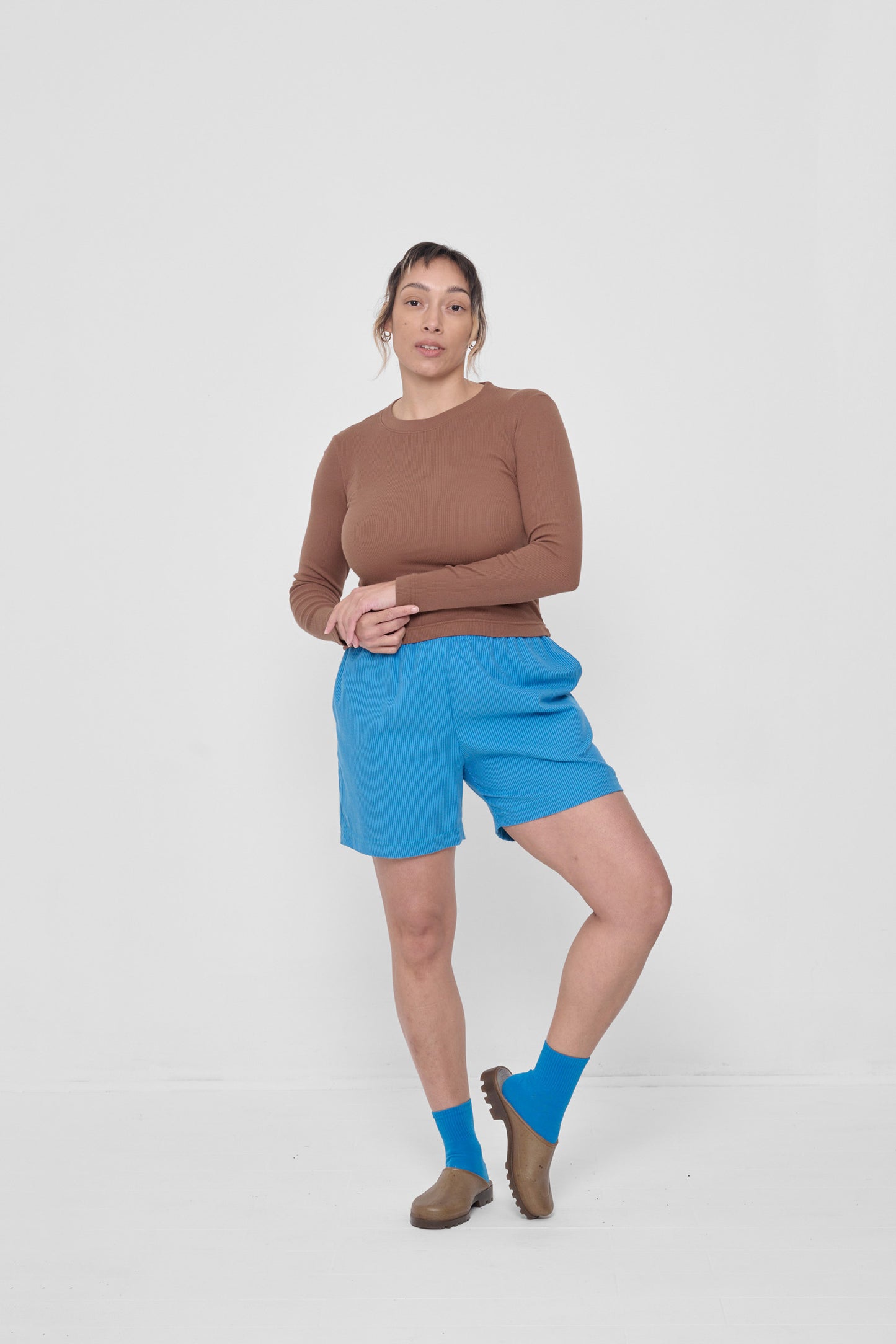 Styled with Malibu Stripe Poplin Everyday Shorts and Spring Socks, and Plasticana Opana Mules.