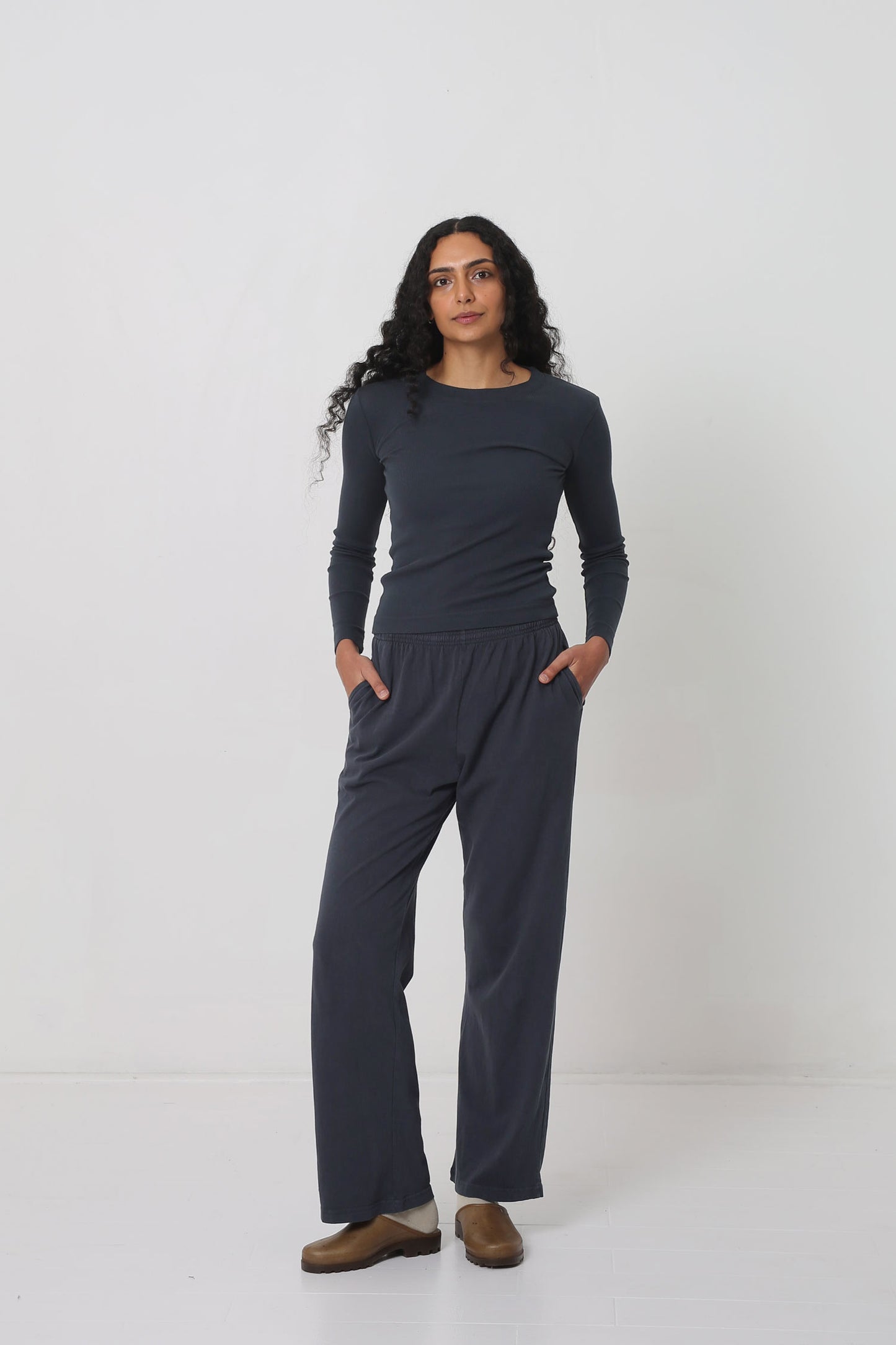 Styled with Slate Apartment Pants, Oat Squishy Socks and Plasticana Opana Mules