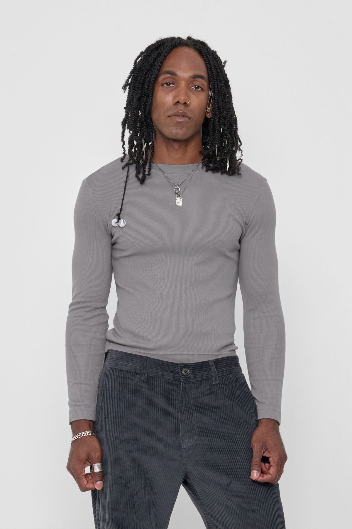 Rib Long Sleeve in Stone – front view on model