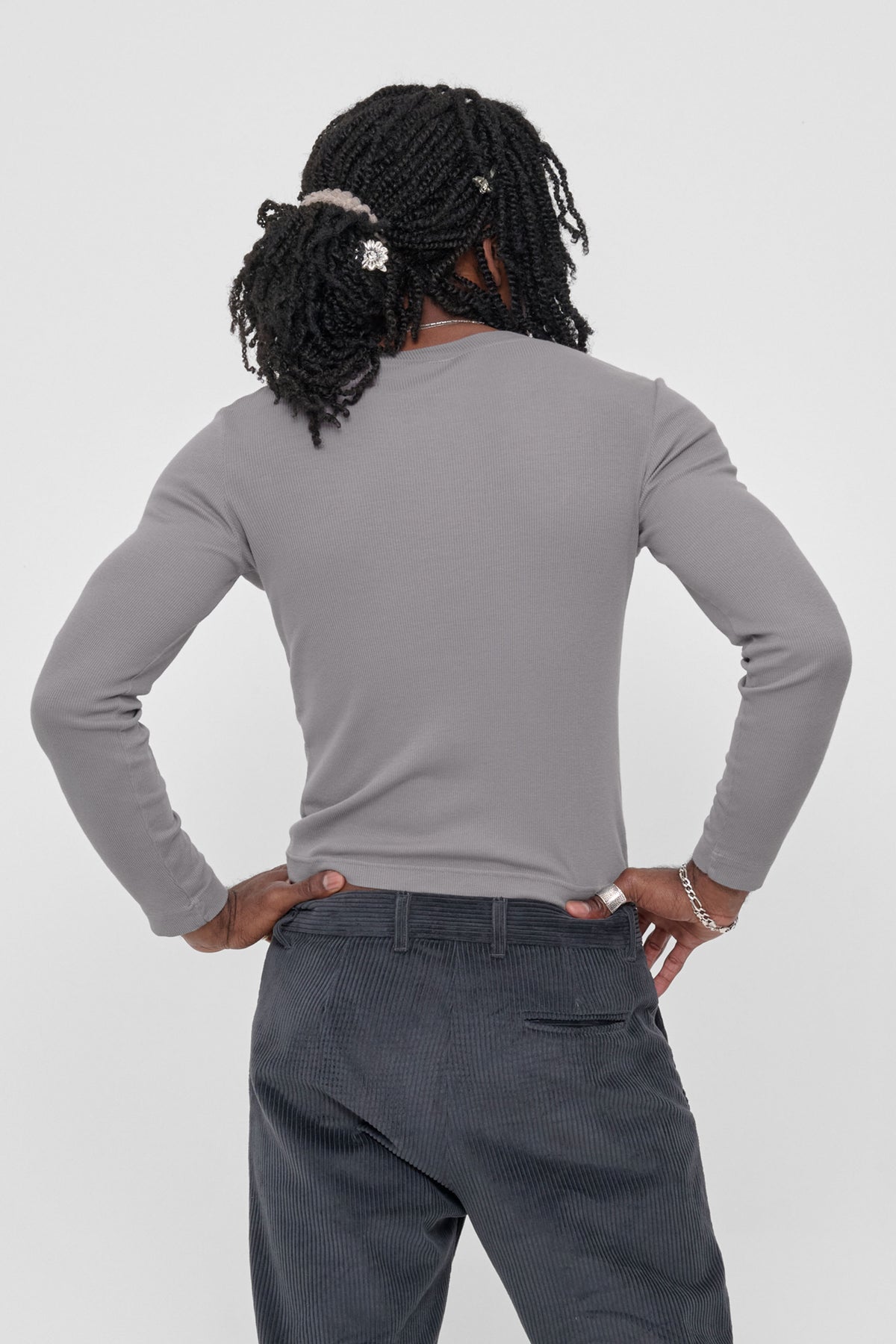 Rib Long Sleeve in Stone – back view on model