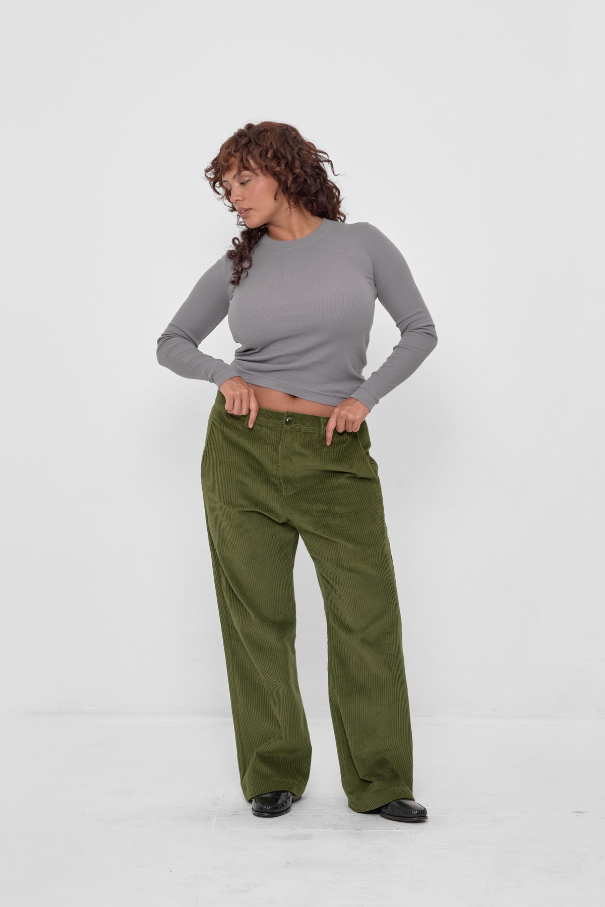Rib Long Sleeve in Stone – styled with Olive Corduroy Pants