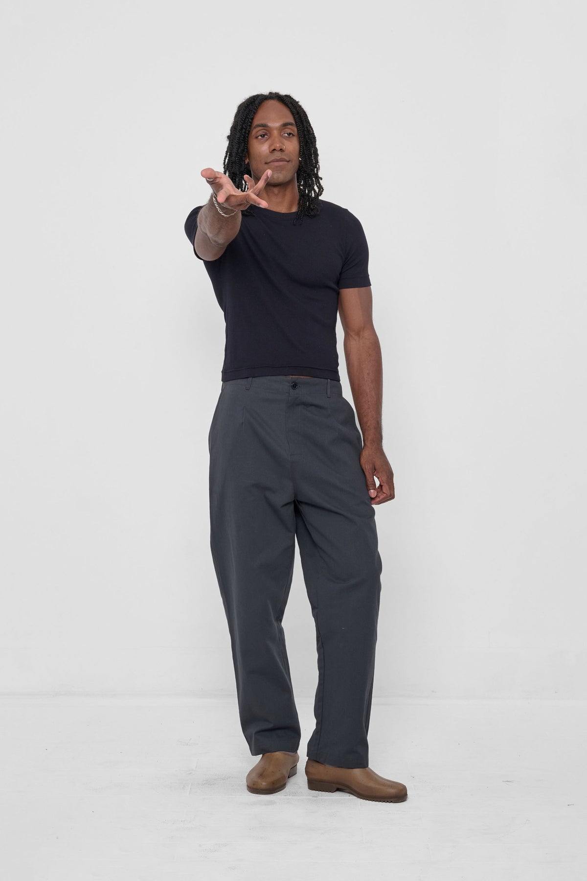 Rib Short Sleeve in Black - front fully body view on model, styled with Slate Life Uniform Pants