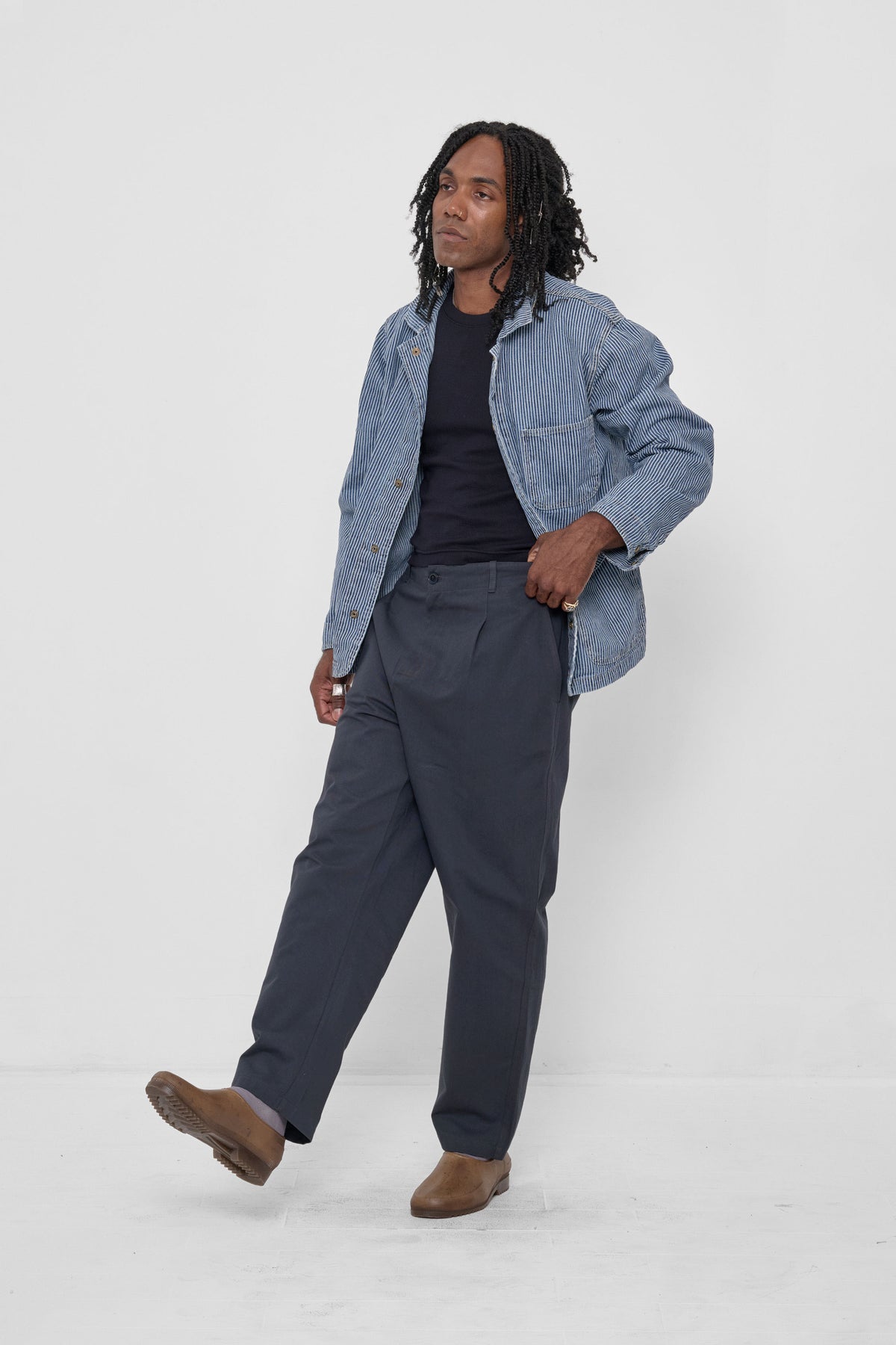 Rib Short Sleeve in Black - front full body view, styled with Chore Jacket, Slate Life Uniform Pants, and Plasticana Gardana Clogs