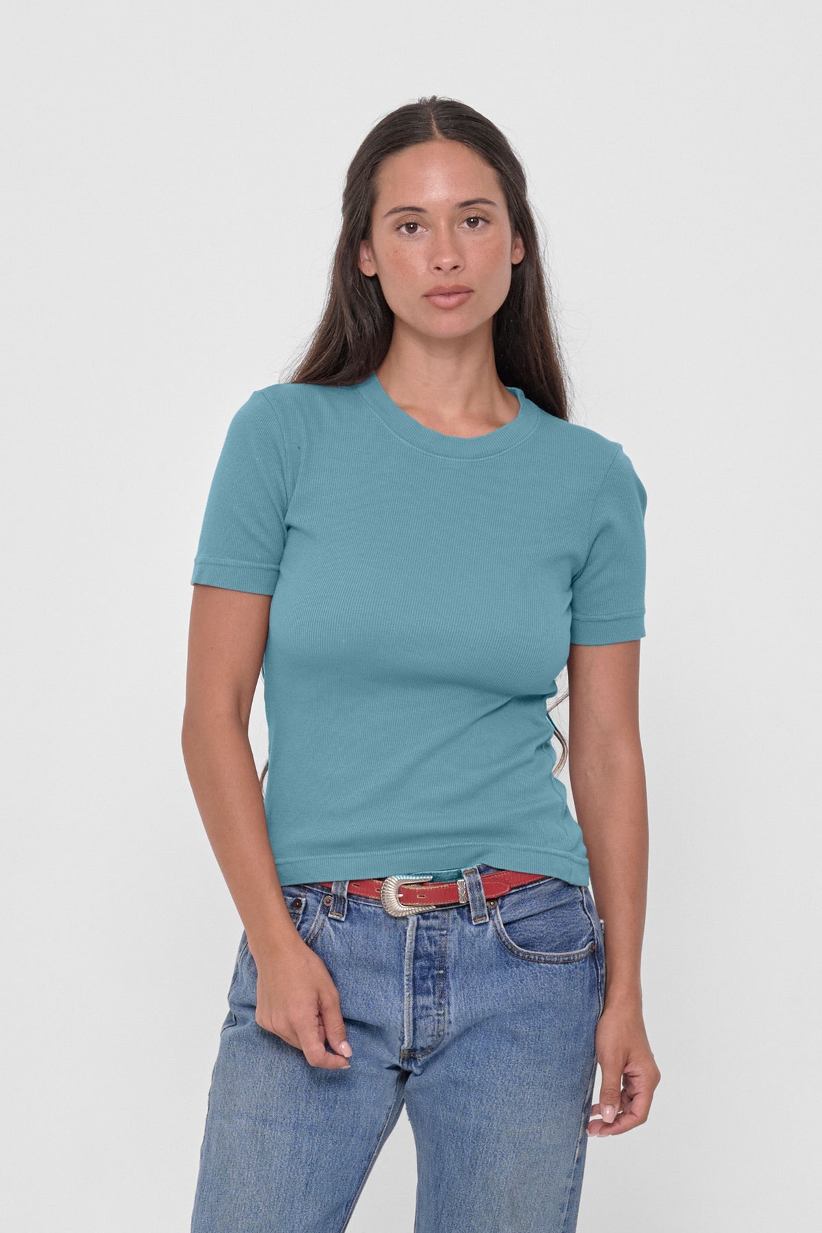 Rib Short Sleeve in Oyster - front view on model