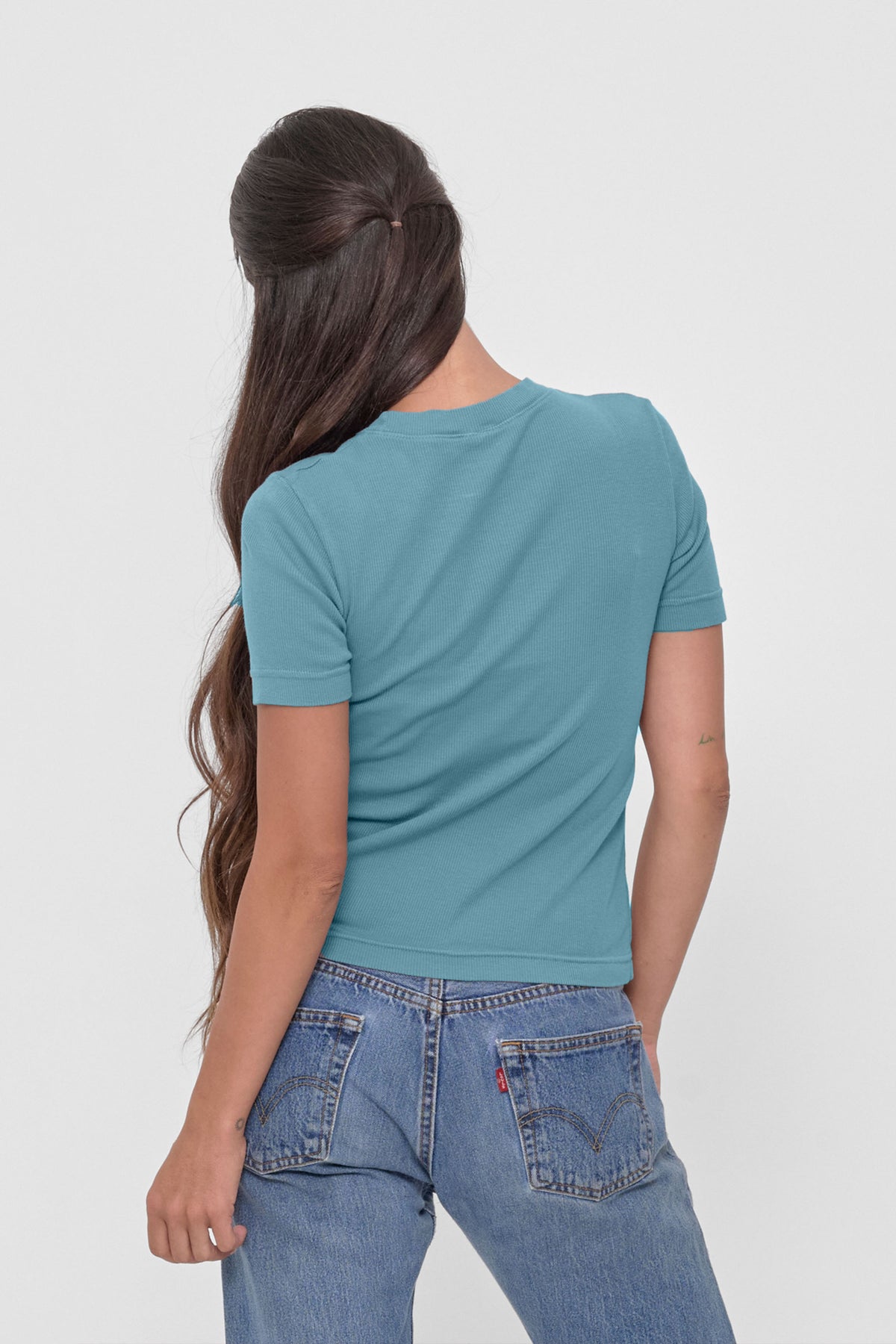 Rib Short Sleeve in Oyster - back view on model