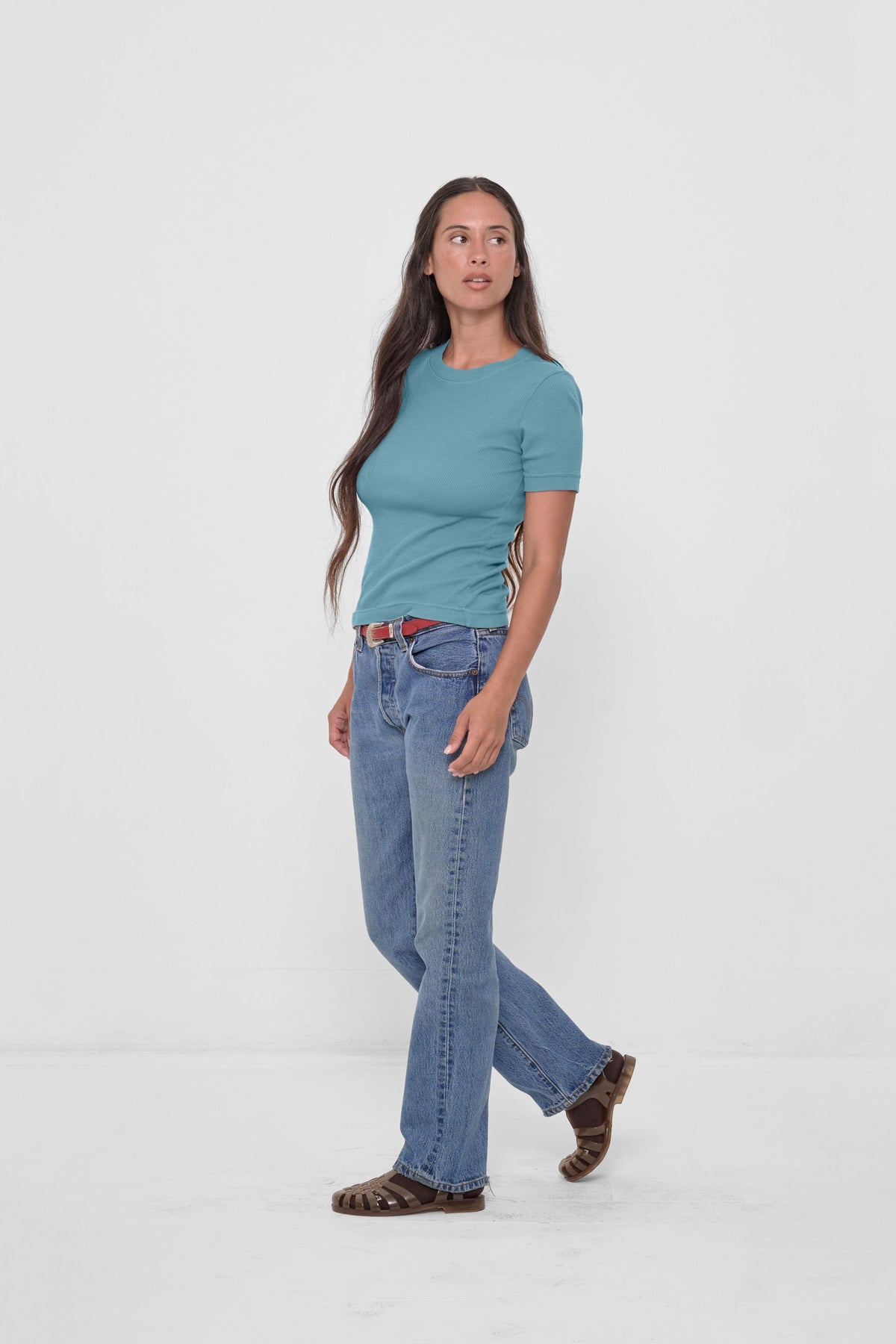 Rib Short Sleeve in Oyster - front full body view on model, styled with jeans and Plasticana Jellies