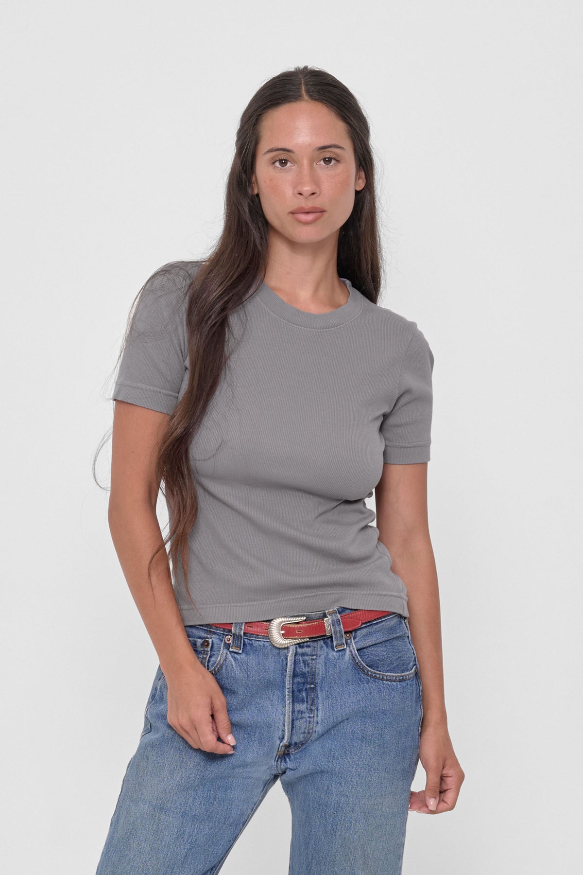 Rib Short Sleeve in Stone - front view on model.