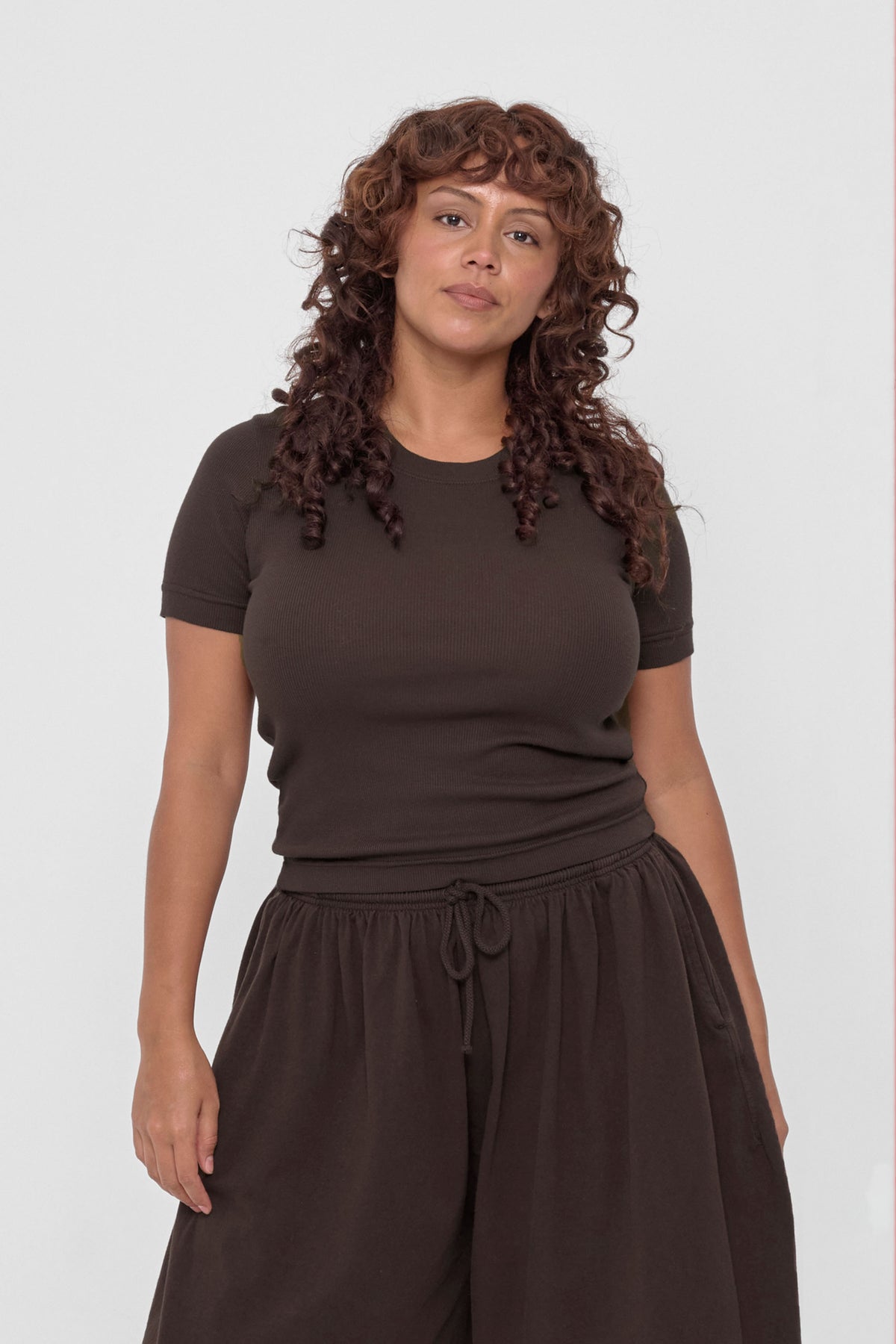 Rib Short Sleeve in Wet Soil - front view on model