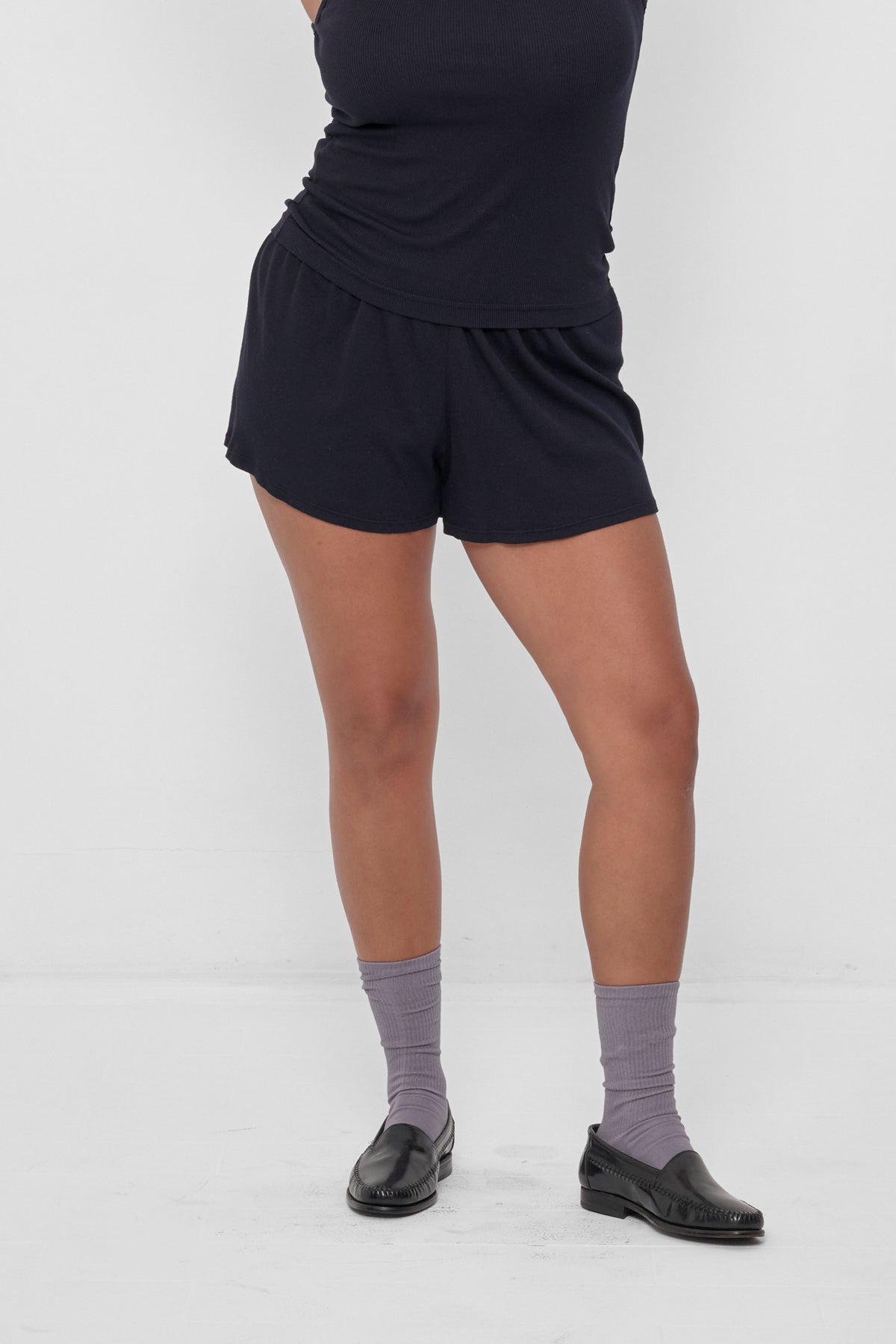 Rib Shorts in Black – front view on model