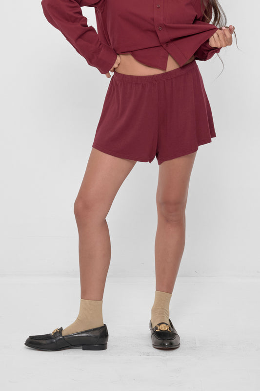 Rib Shorts in Garnet – front view on model