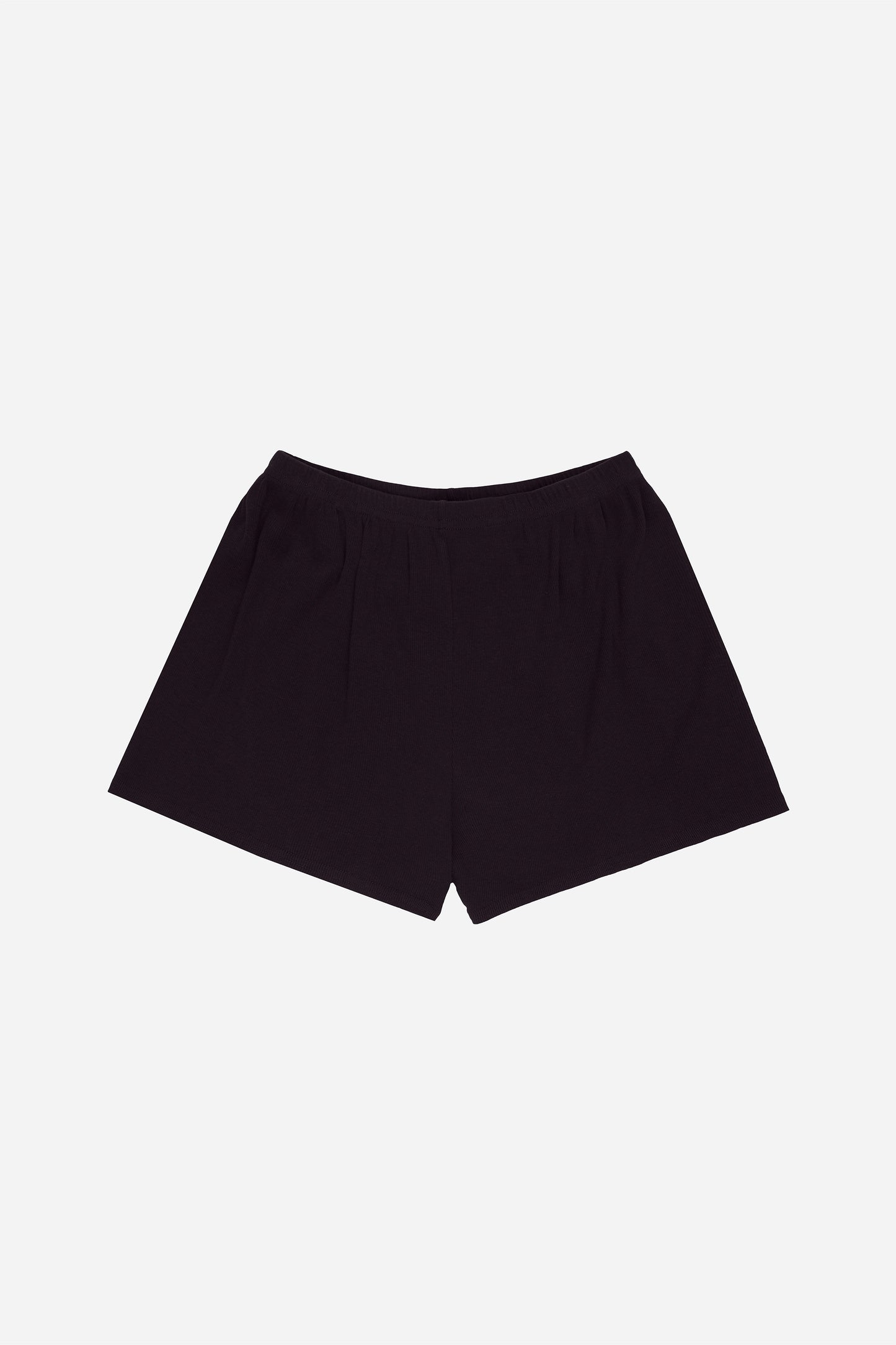 Flat lay of Mulberry Rib Shorts showing slight gathers from the waist that give the shorts the relaxed fit.