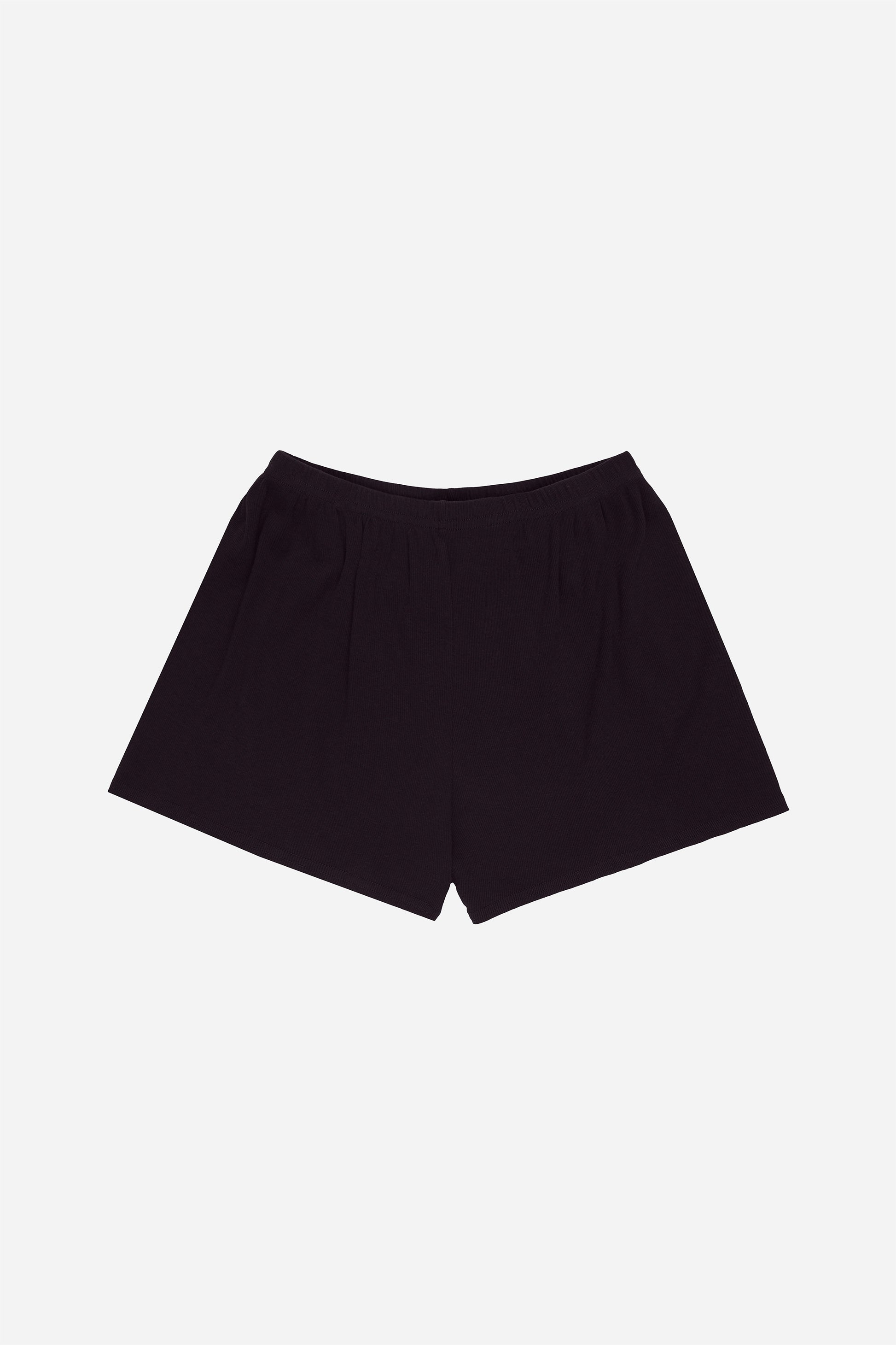 Flat lay of Mulberry Rib Shorts showing slight gathers from the waist that give the shorts the relaxed fit.