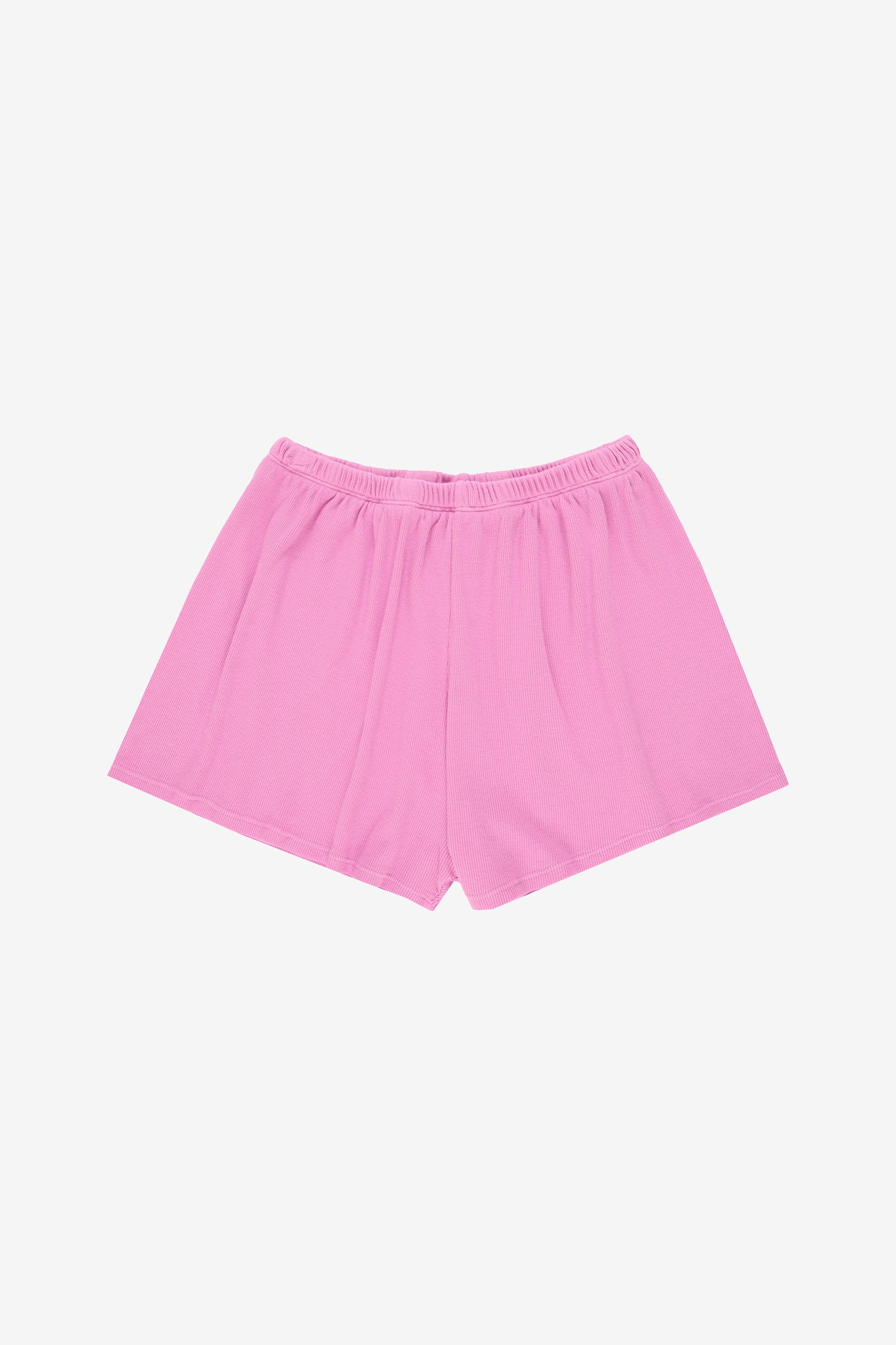 Flat lay showing slight gathers from the waist that give the shorts the relaxed fit.