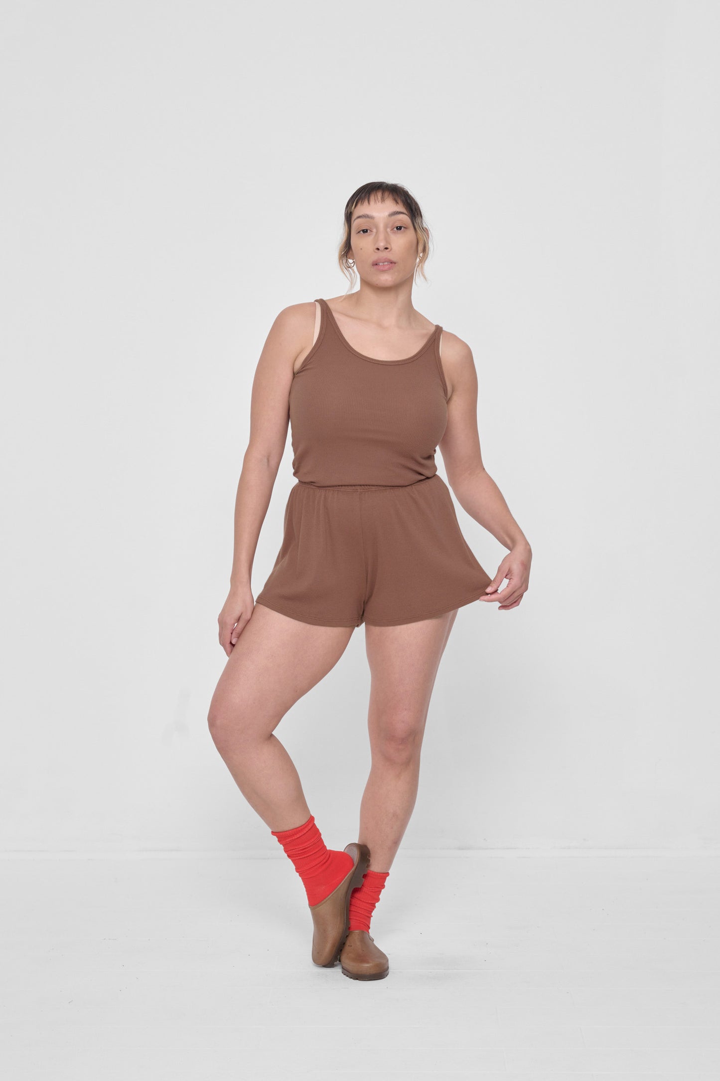 Styled with a matching Rib Tank, Lava Squishy Socks, and Plasticana Opana Mules.