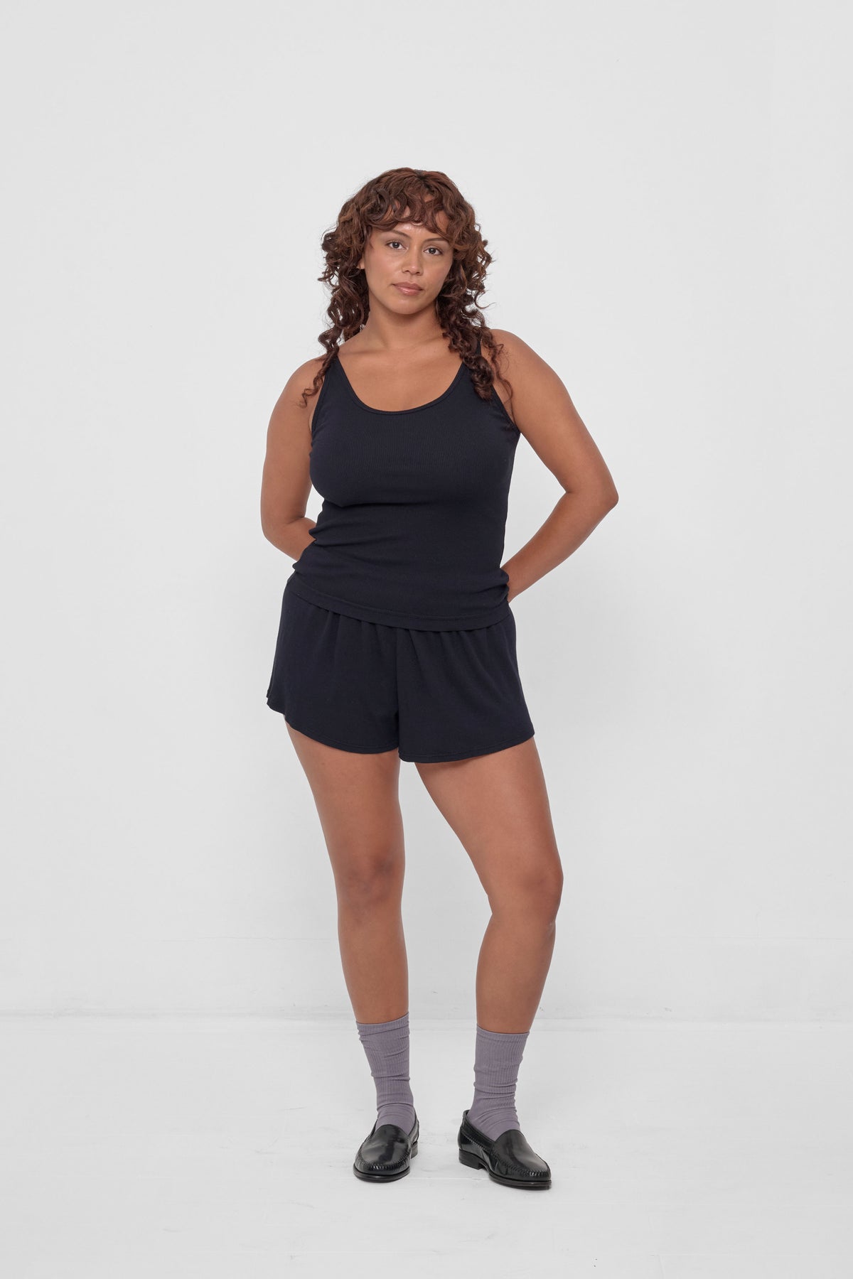 Rib Tank in Black - full body view, styled with matching Rib Shorts