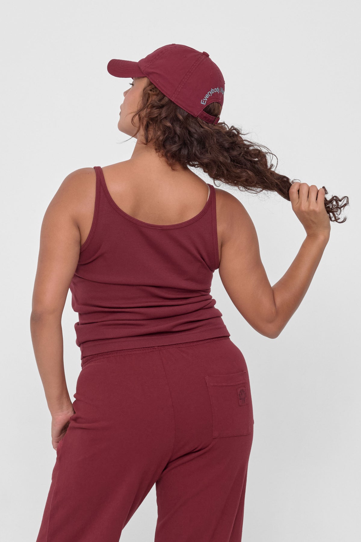 Rib Tank in Garnet - back view on model