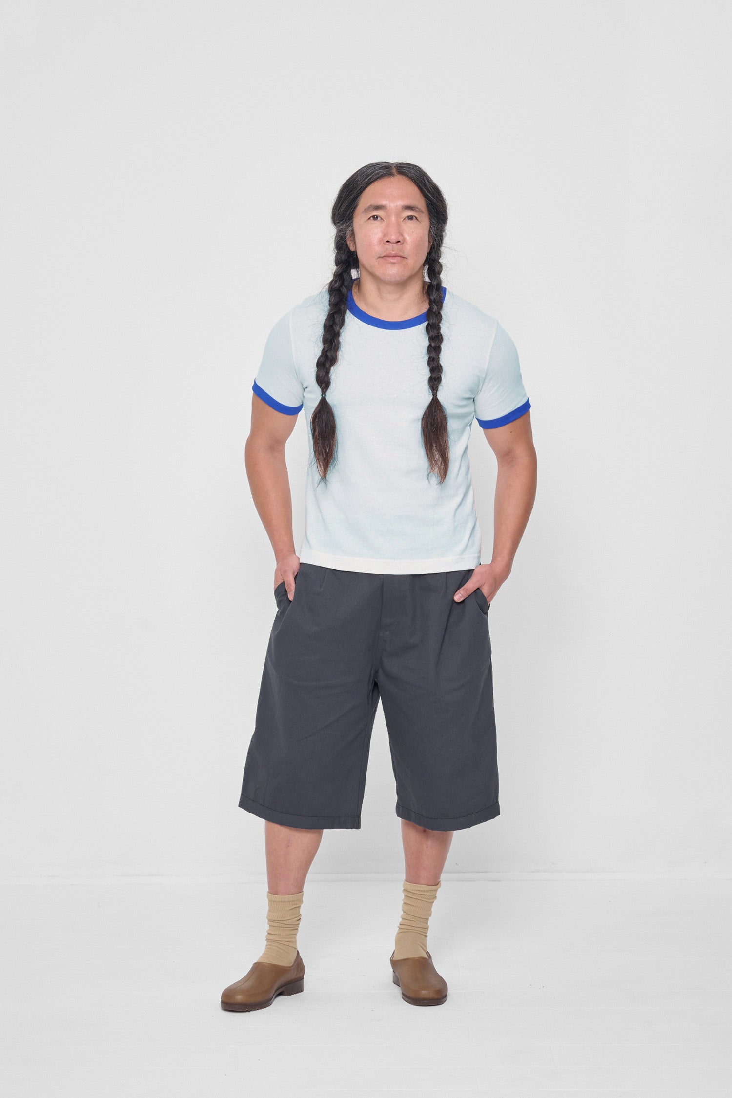 Styled with Slate Bermuda Shorts, Sand Storm Squishy Socks and Plasticana Gardana Clogs.