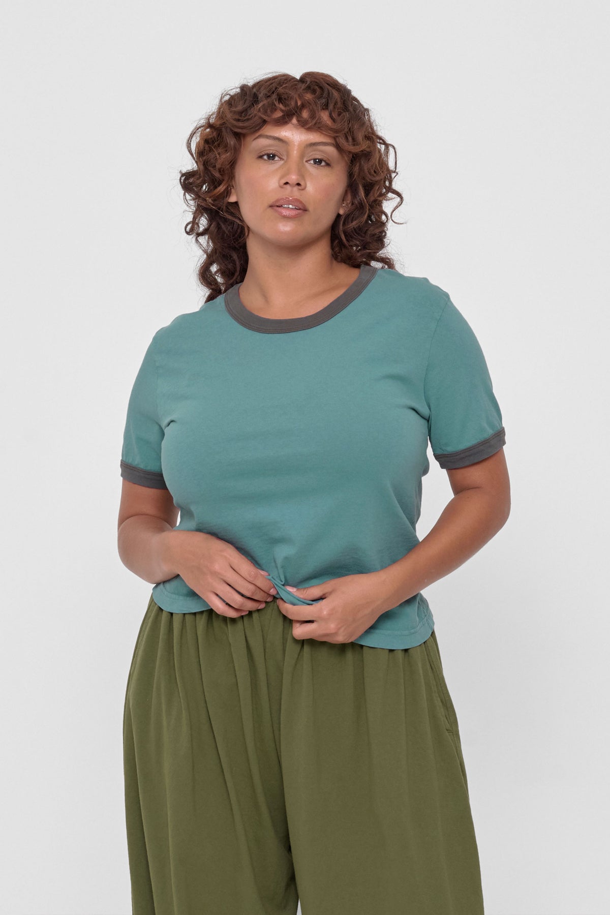 Ringer Trash Tee in Oyster – front view on model