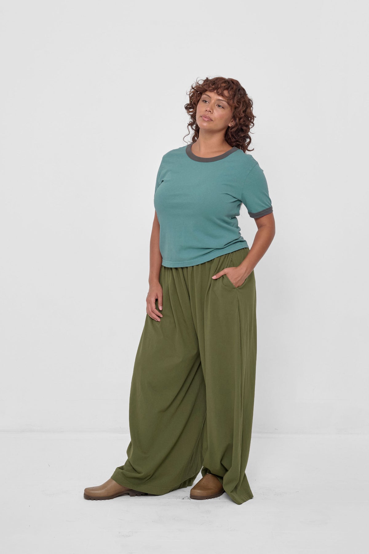Ringer Trash Tee in Oyster – front full body view on model, styled with Olive Tubular Pants