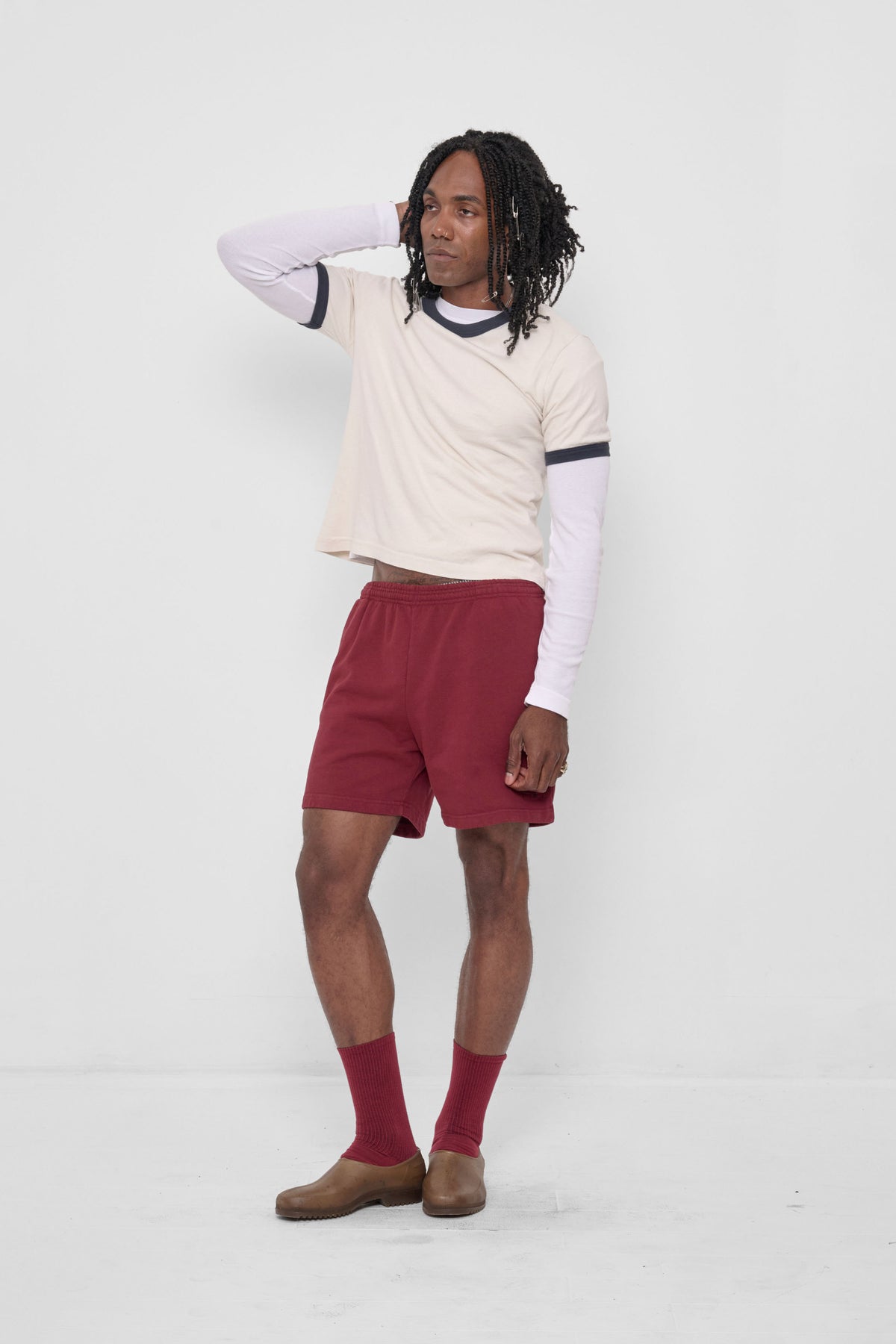 Ringer Trash Tee in Slate – front view on model, styled with Garnet Trash Fleece Everyday Shorts