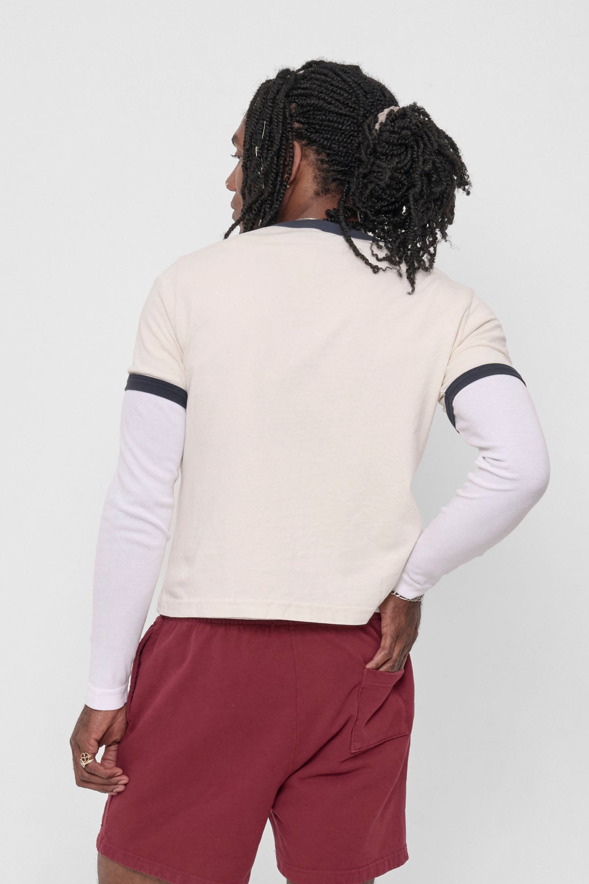 Ringer Trash Tee in Slate – back view on model