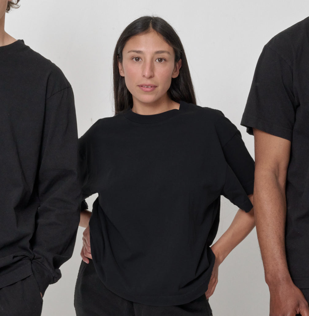 3 models pictured in our Boxier Short Sleeve, Short Sleeve Trash Tee, & Long Sleeve Boxier Trash Tee all in Black