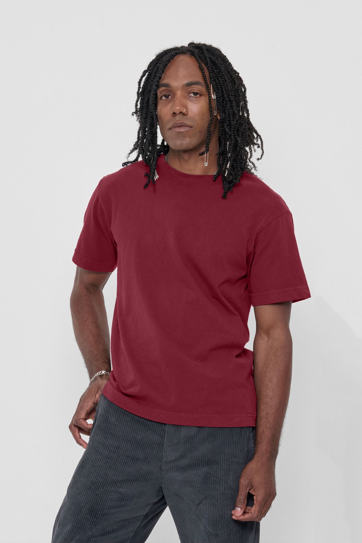 Short Sleeve Trash Tee in Garnet – front view on model