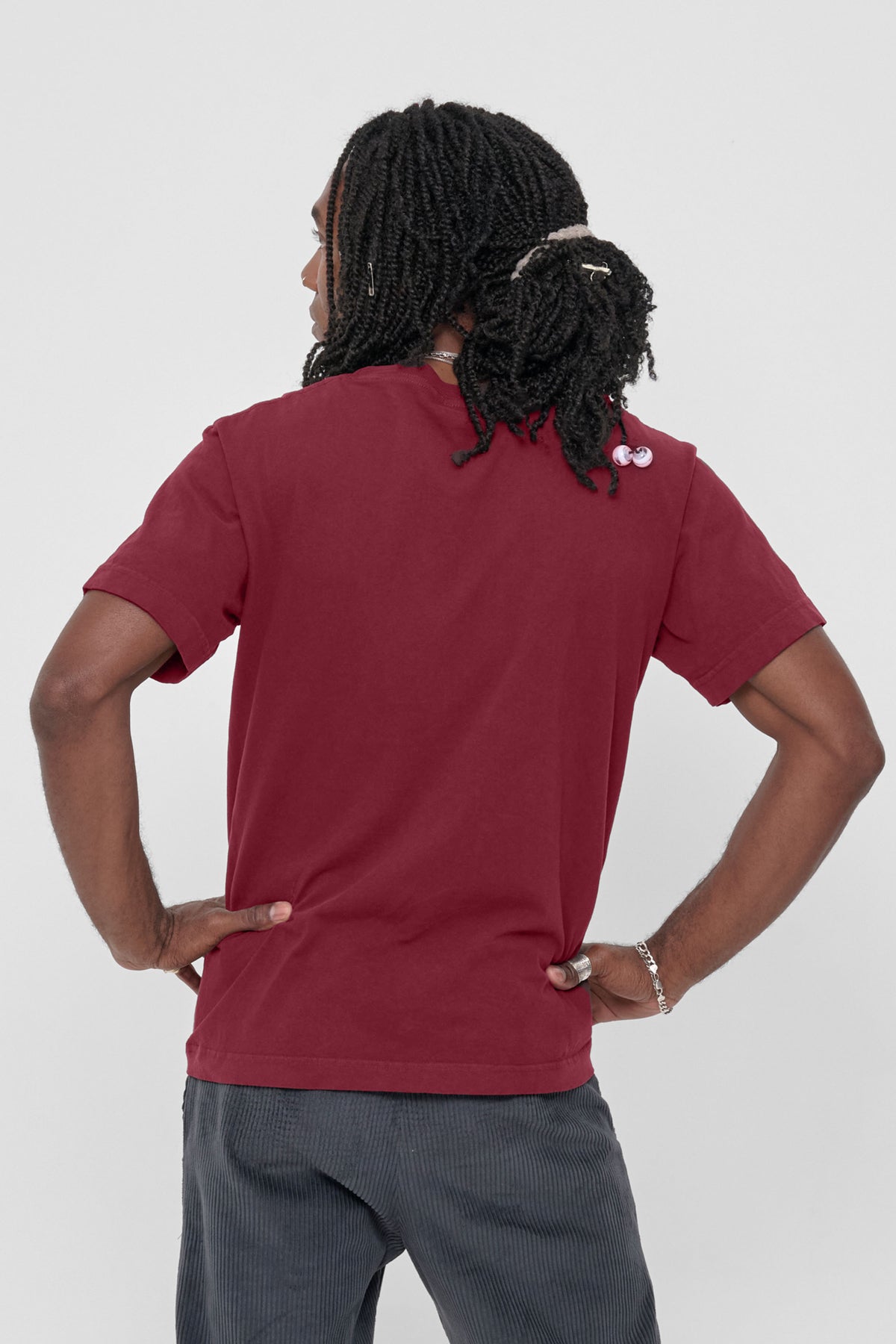 Short Sleeve Trash Tee in Garnet – back view on model