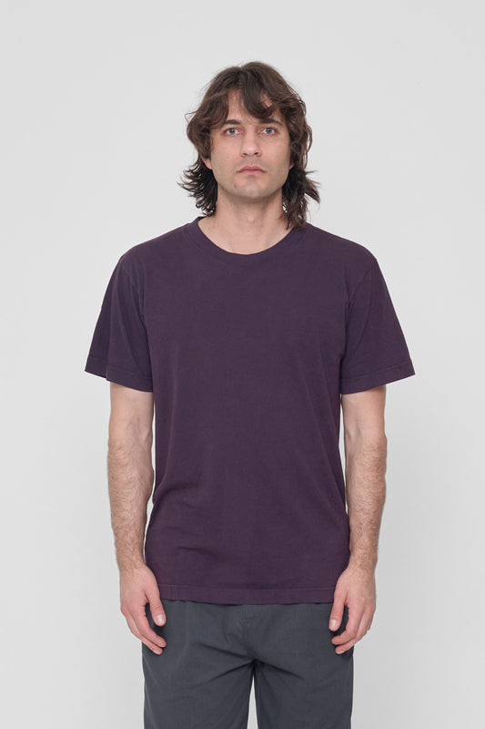 A 6'2" man in a size M Mulberry Short Sleeve Trash Tee. Hem at the lower hip.