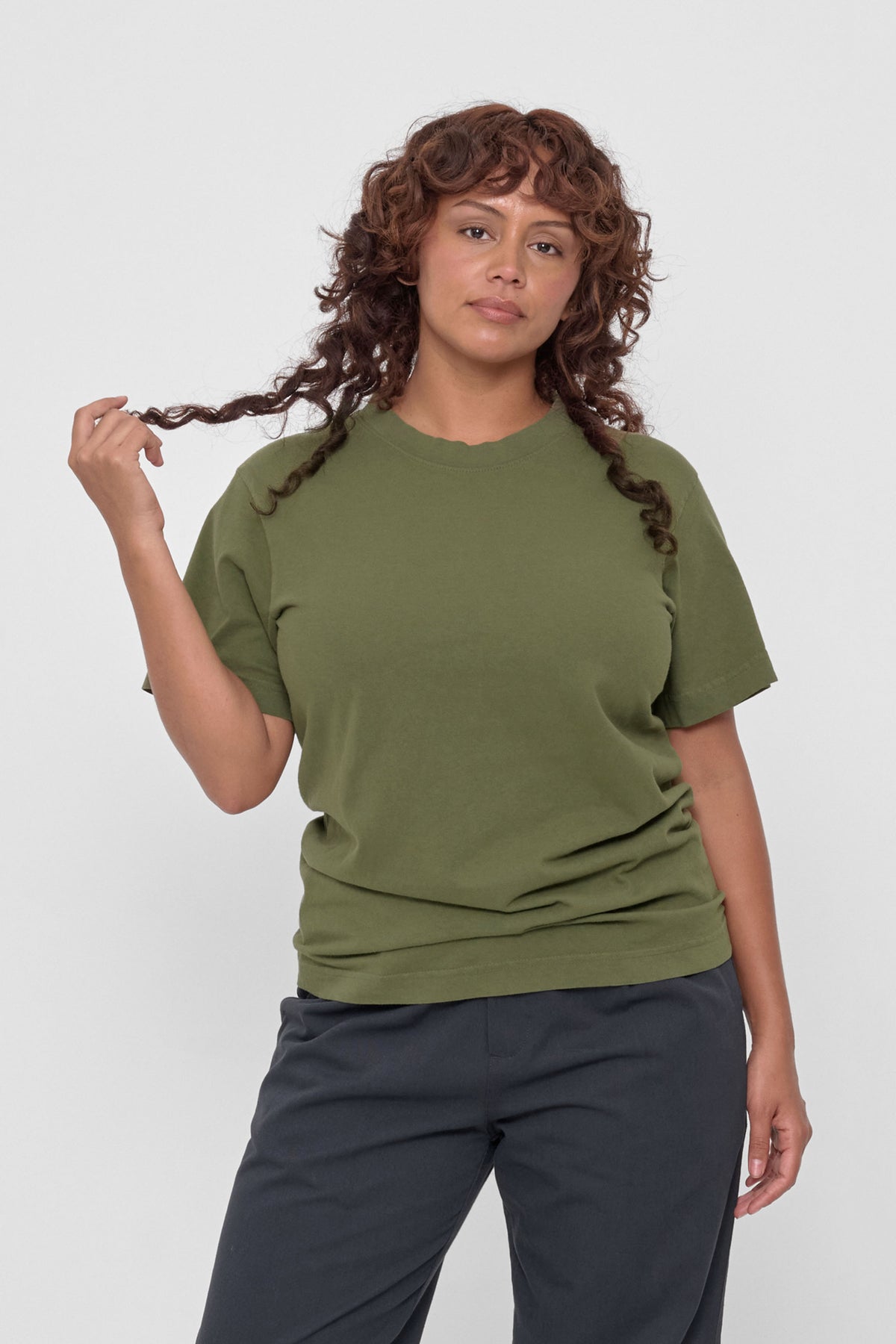 Short Sleeve Trash Tee in Olive – front view on model