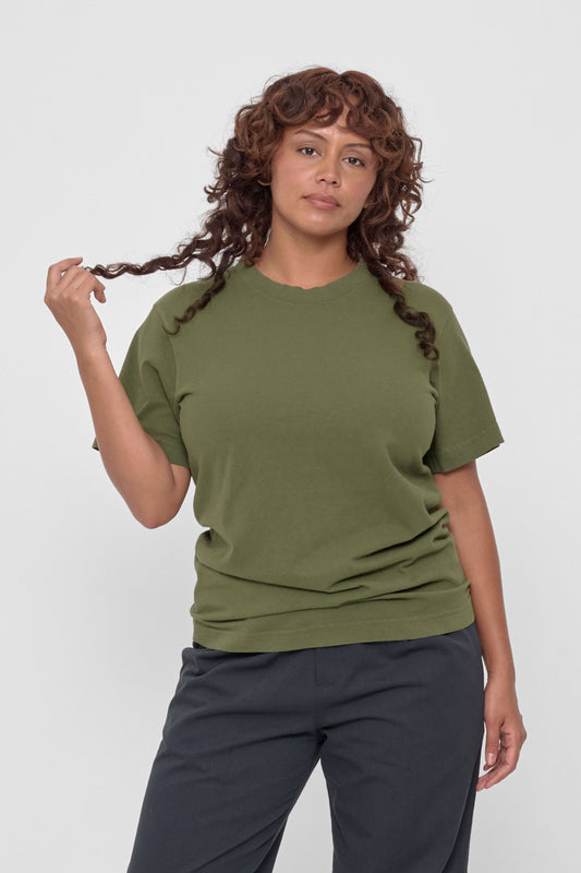 Short Sleeve Trash Tee in Olive – front view on model
