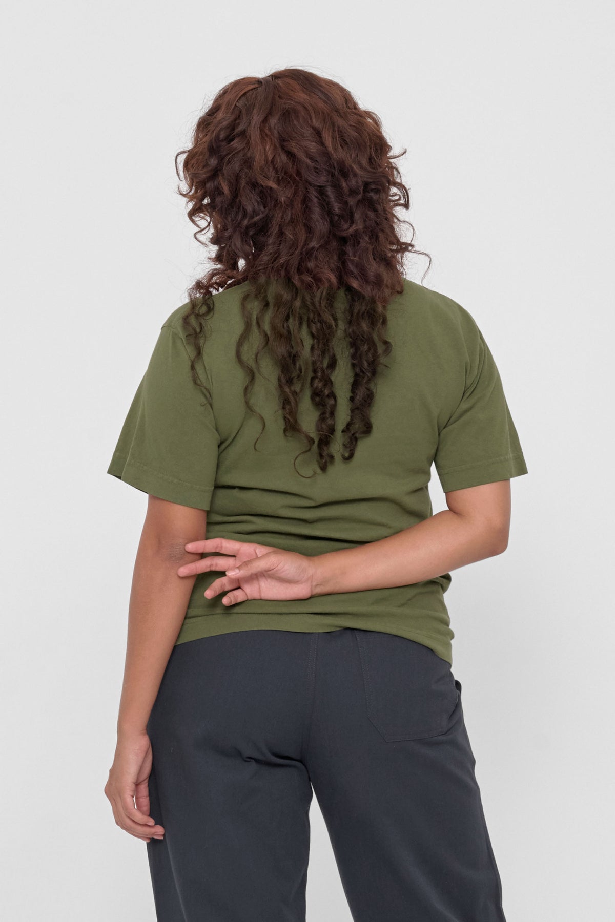 Short Sleeve Trash Tee in Olive – back view on model