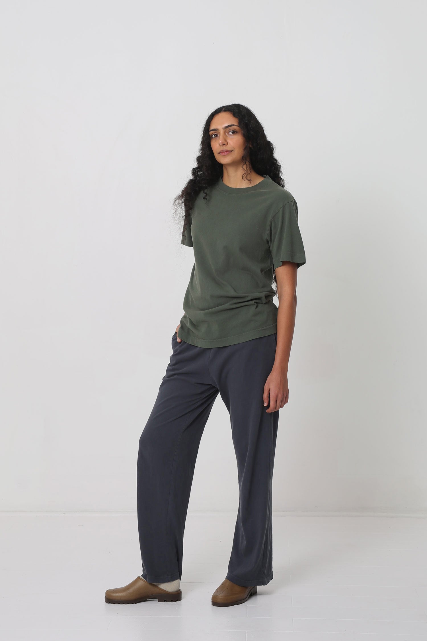 Styled with Slate Apartment Pants and Plasticana mules