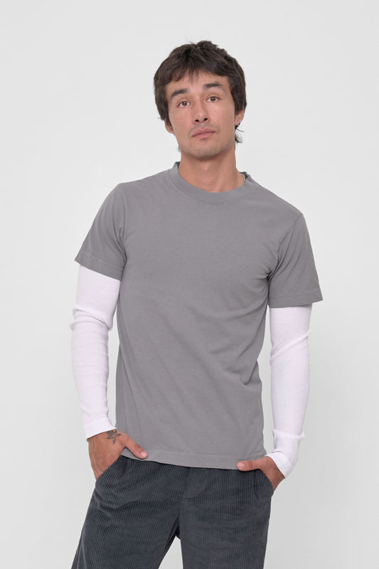 Short Sleeve Trash Tee in Stone – front view on model