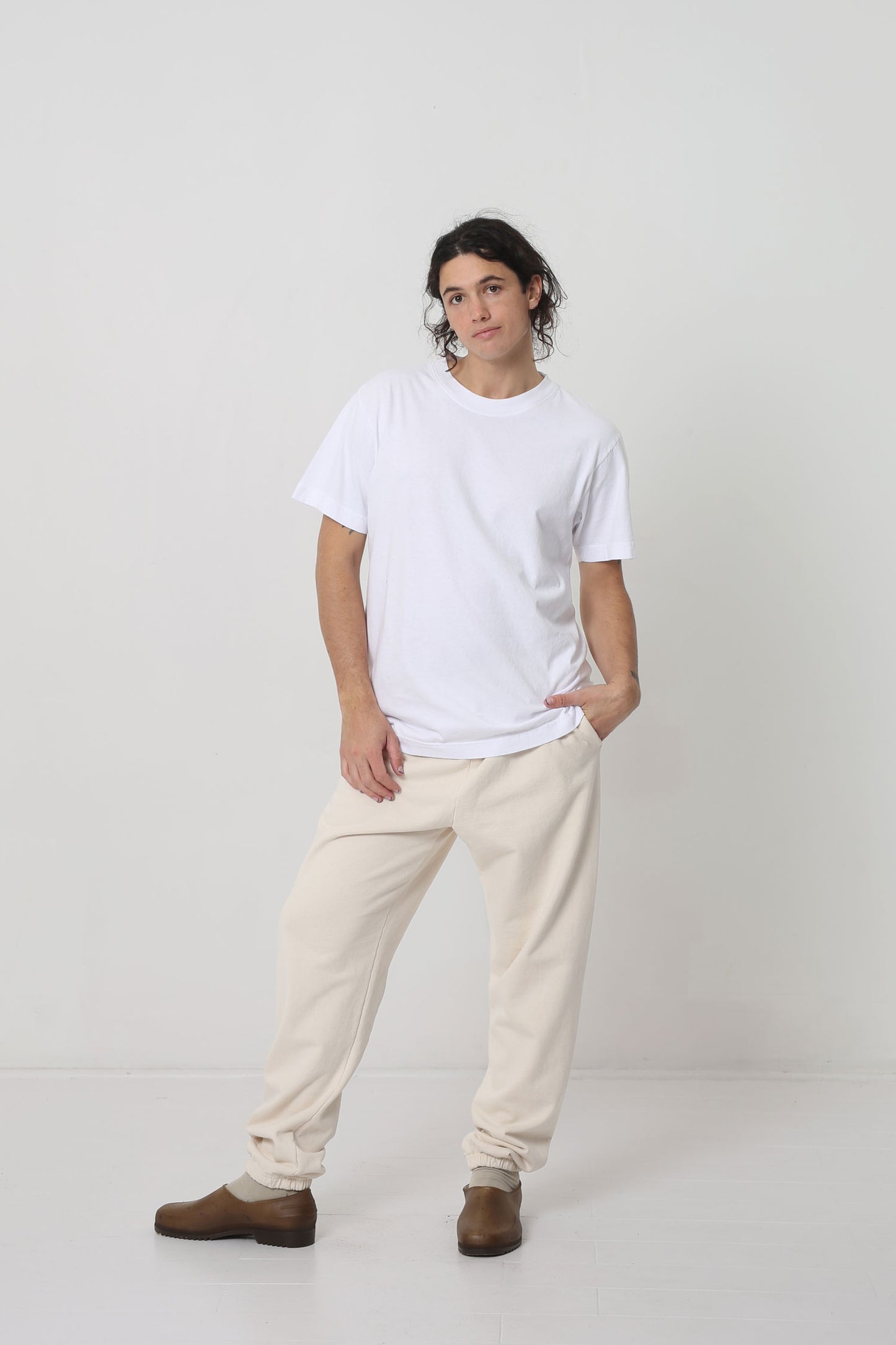 Styled with Scour Trash Sweatpants, Oat Squishy Socks and Plasticana shoes.