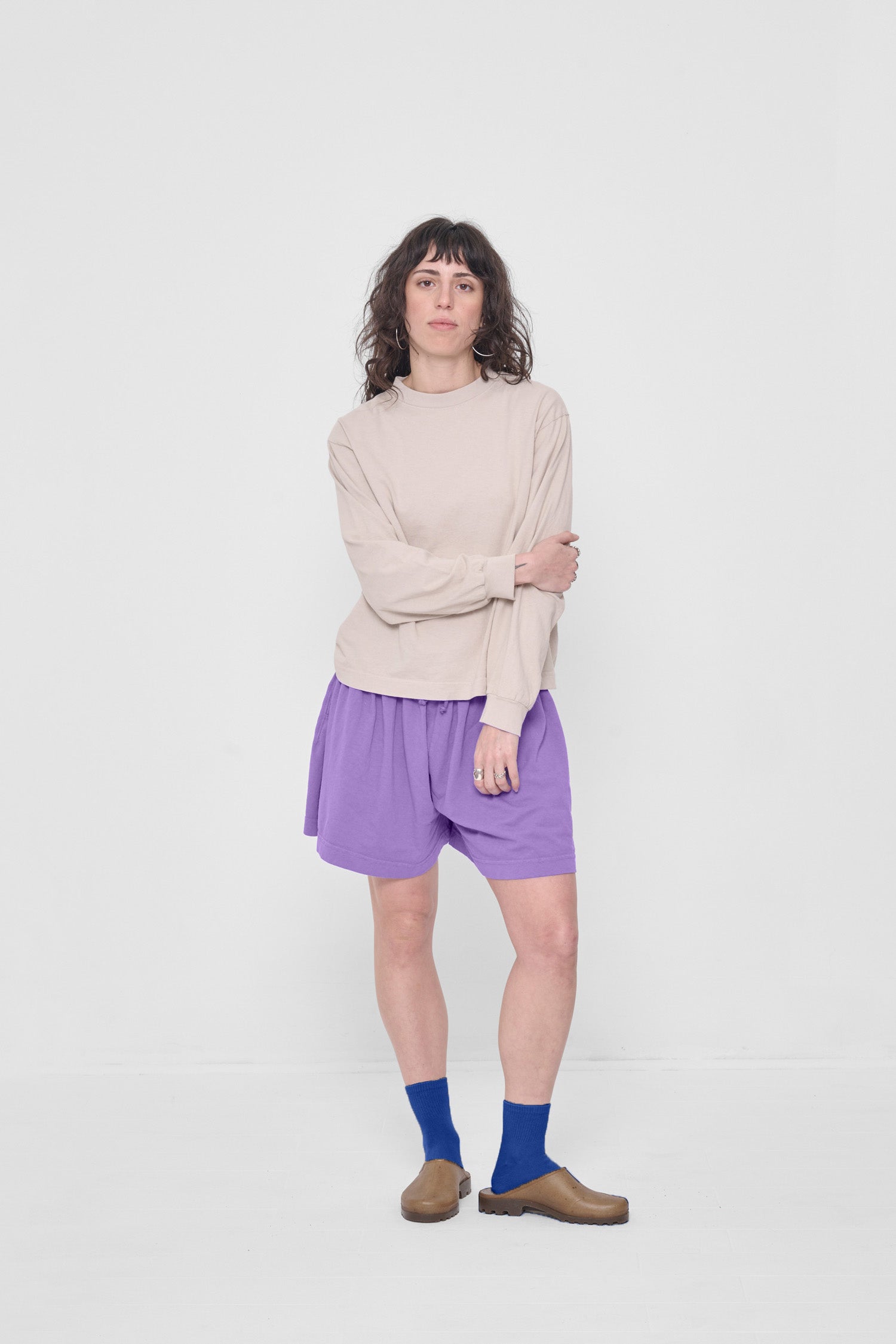 Styled with Long Sleeve Boxier Trash Tee in Oat and Long Tubular Shorts in Carpe Diem.