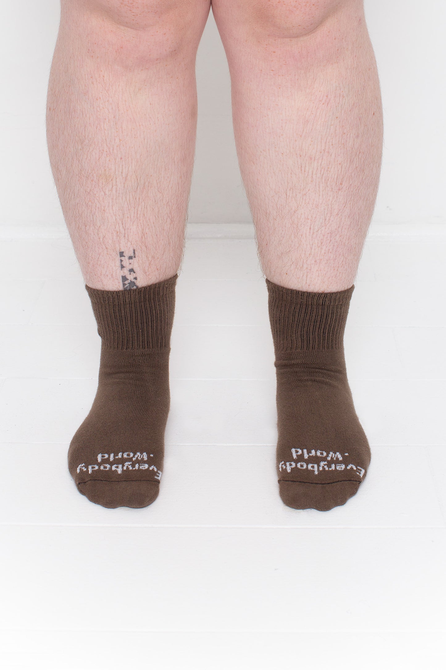 Dry Soil Spring Socks, branded 'Everybody.World' in white, are ankle-high, shown on a person's lower legs.
