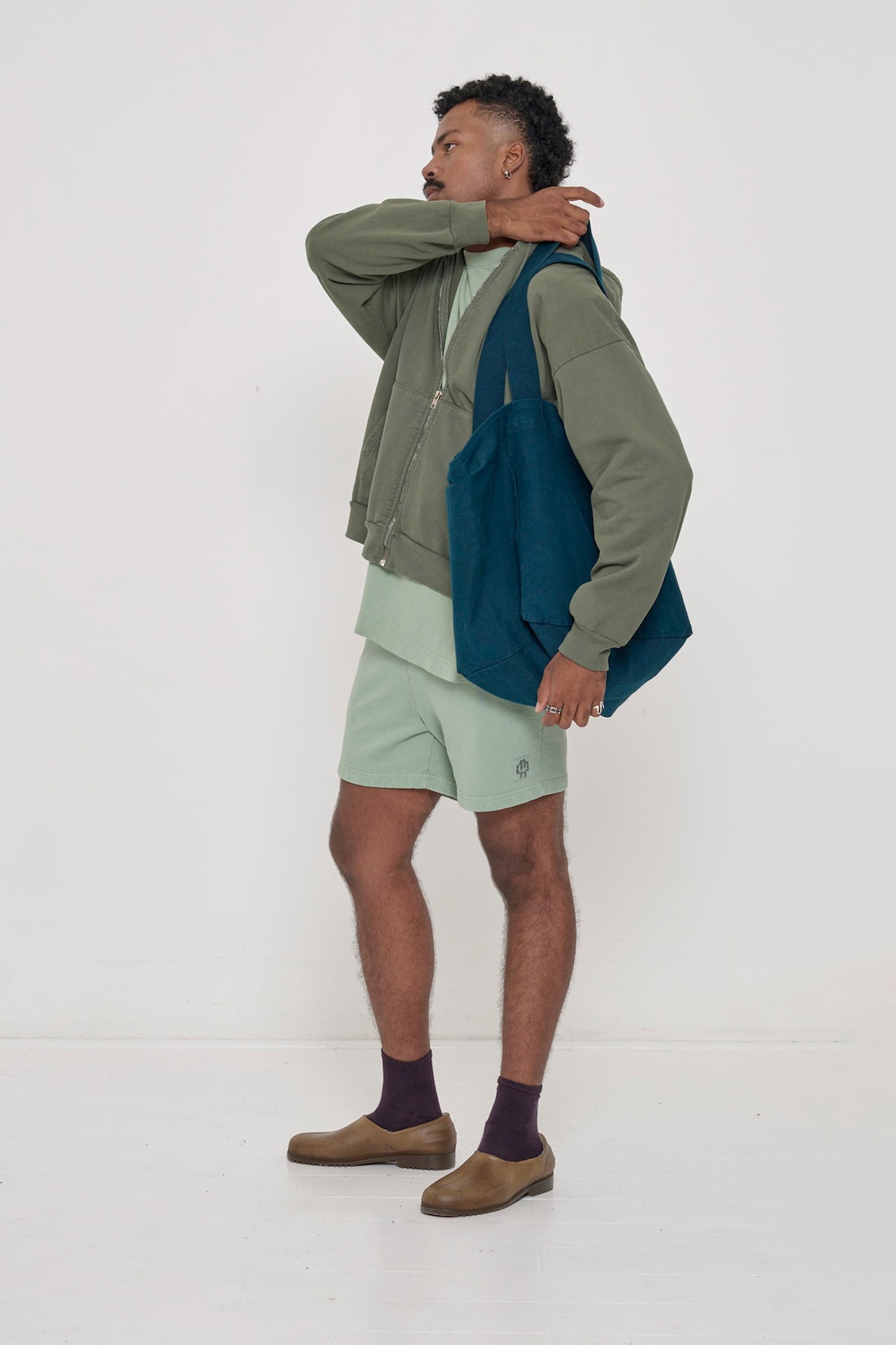 Styled with Wasabi Everyday Shorts and Pine Zip Up Hoodie.