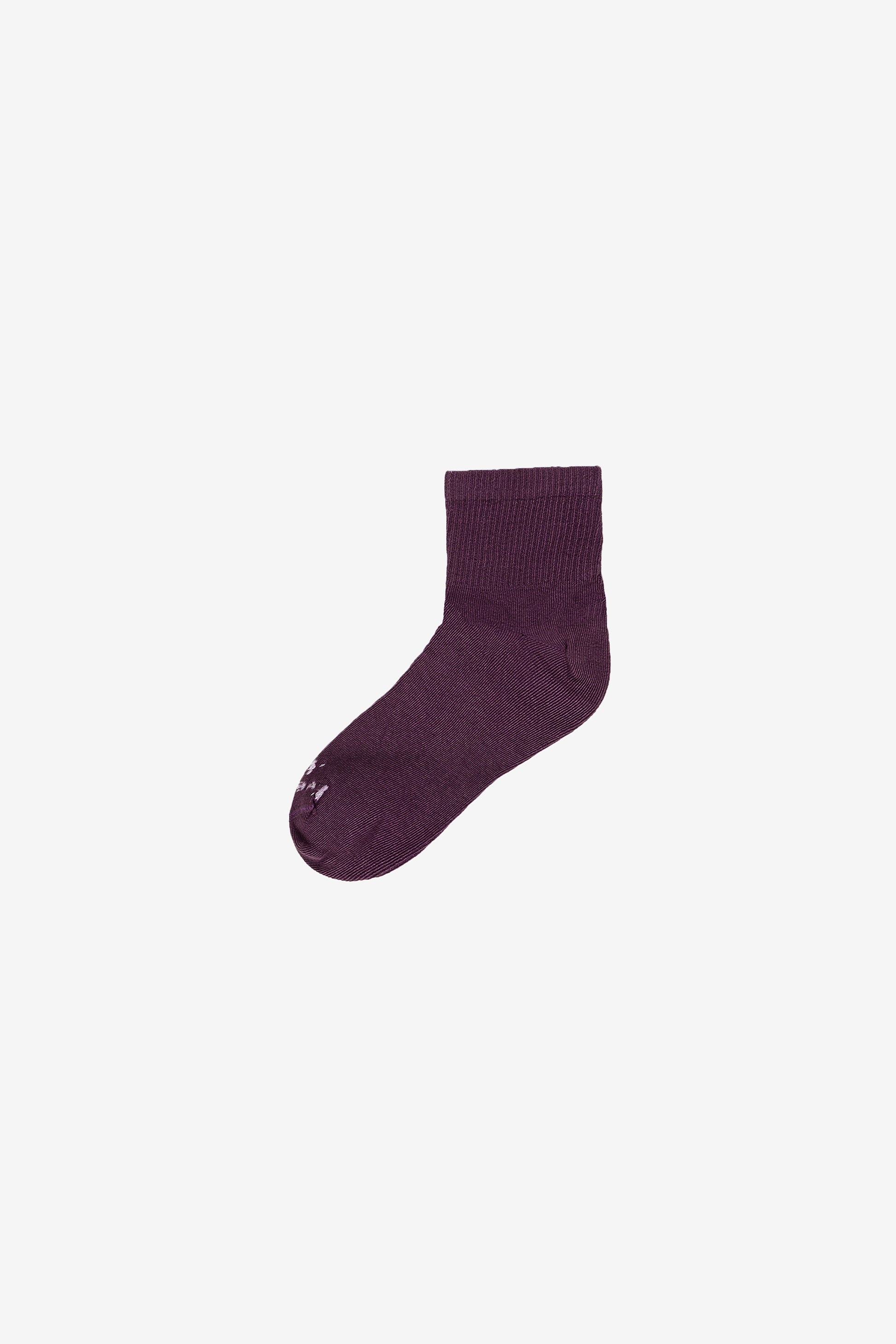 Flat lay of Mulberry Spring Socks with Everybody.World branding in white.
