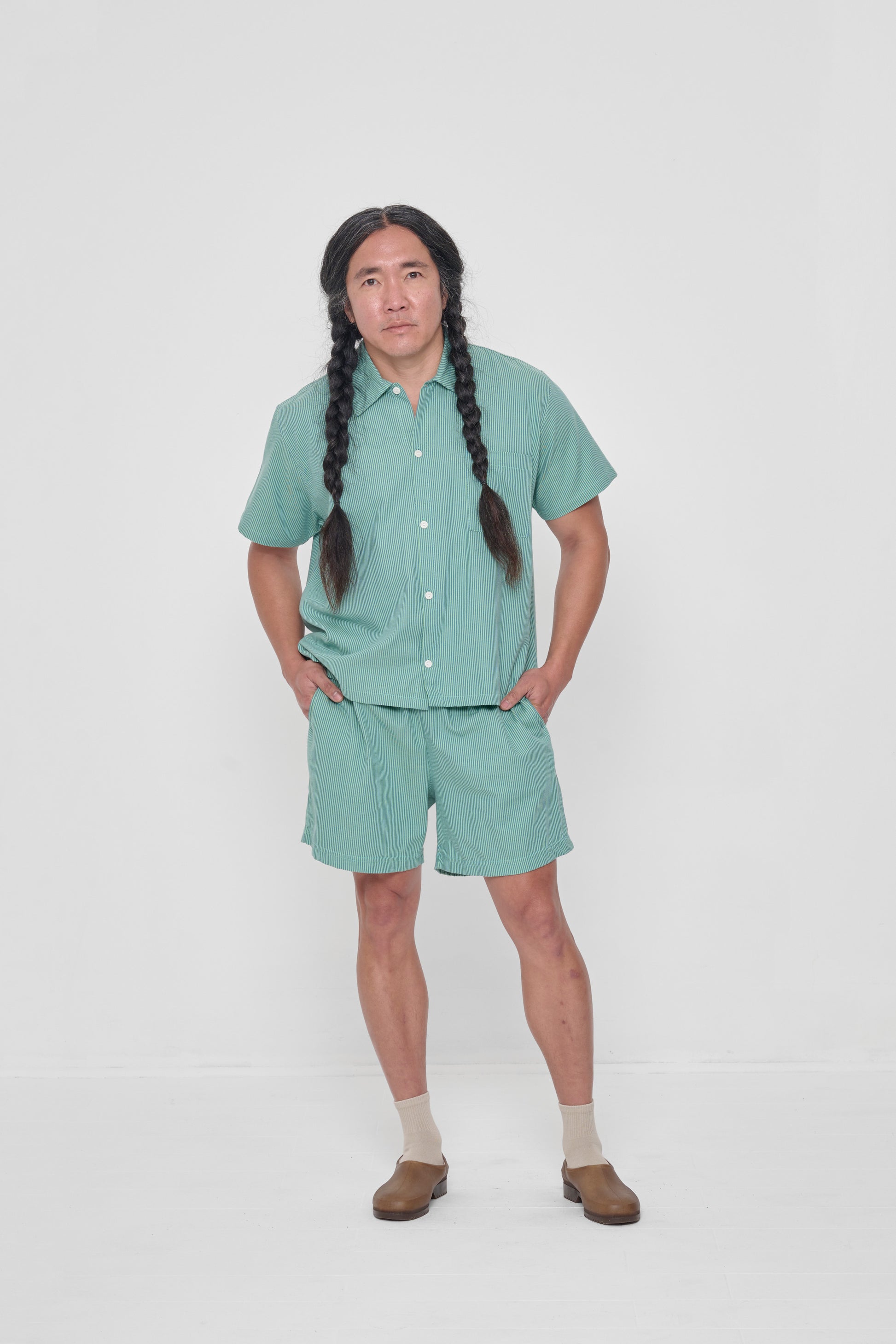 Styled with Nice Grass Stripe Short Sleeve Button-Up Shirt and Nice Grass Stripe Everyday Shorts.