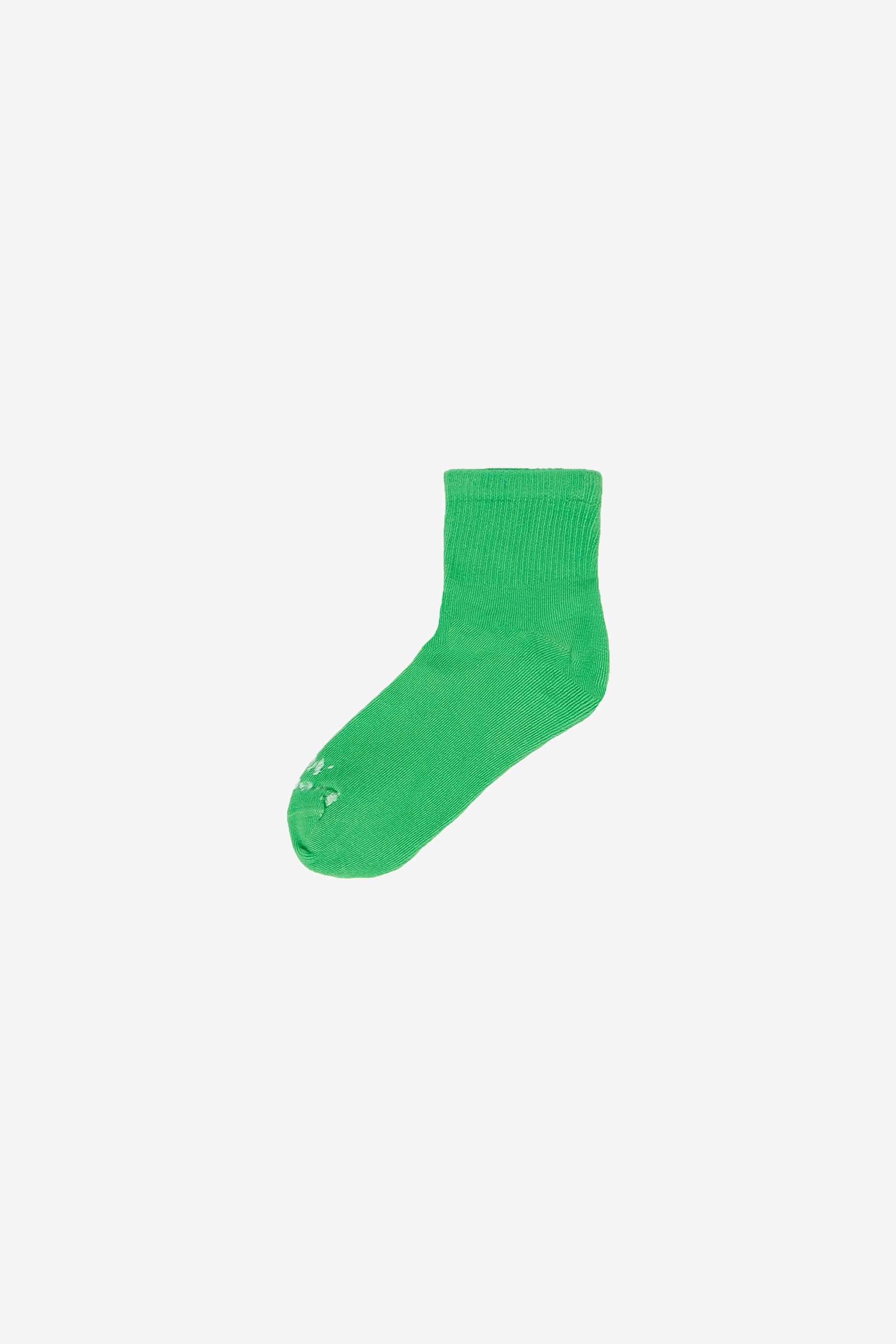 Flat lay of Nice Grass Spring Socks with Everybody.World branding in white.