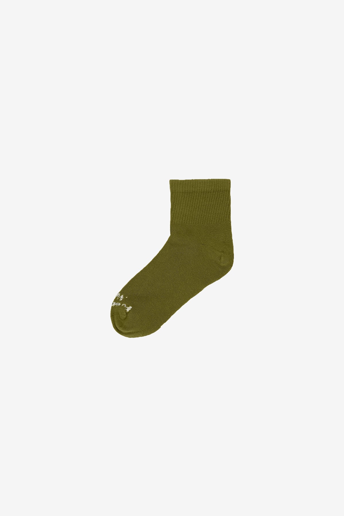 Flat lay of Olive Spring Socks with Everybody.World branding in white.
