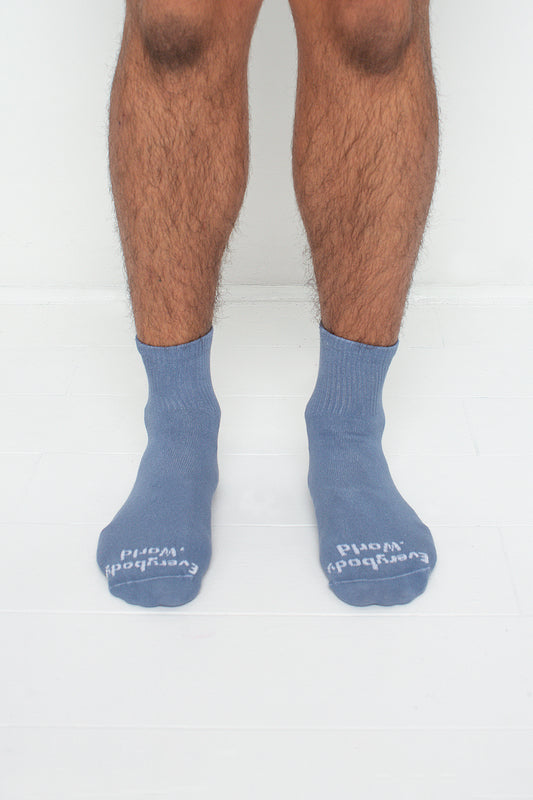Periwinkle Spring Socks, branded 'Everybody.World' in white, are ankle-high, shown on a person's lower legs.