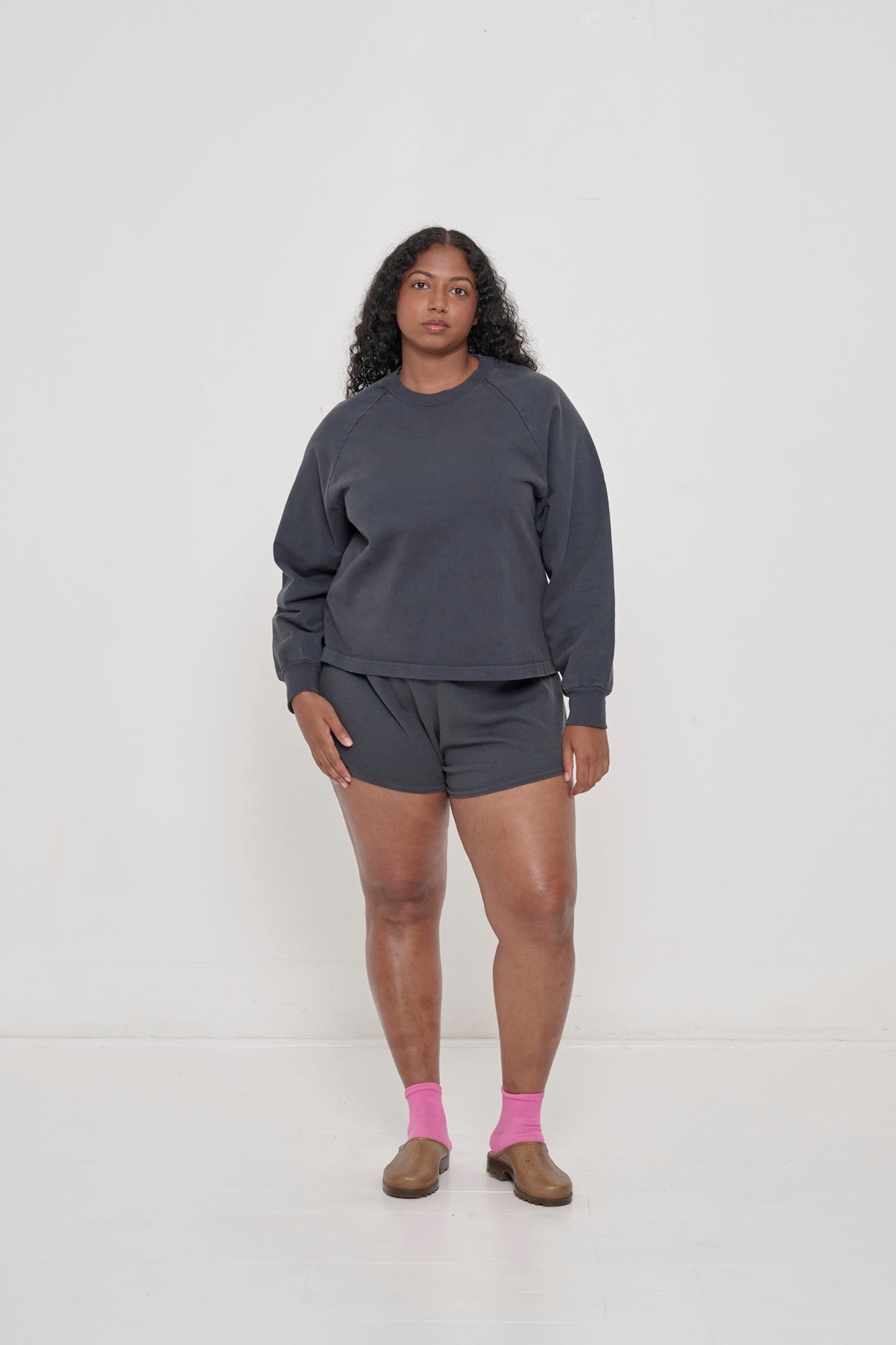 Styled with Slate Trash Raglan and Slate Rib Shorts.