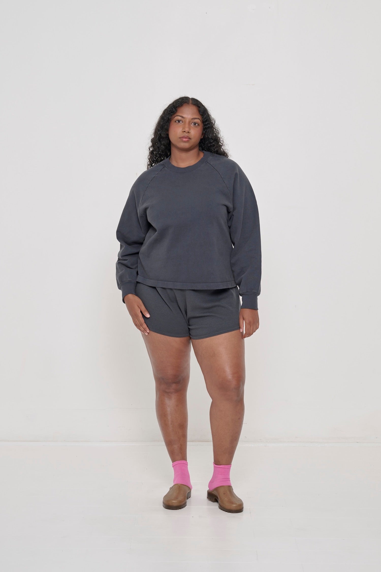 Styled with Slate Trash Raglan and Slate Rib Shorts.