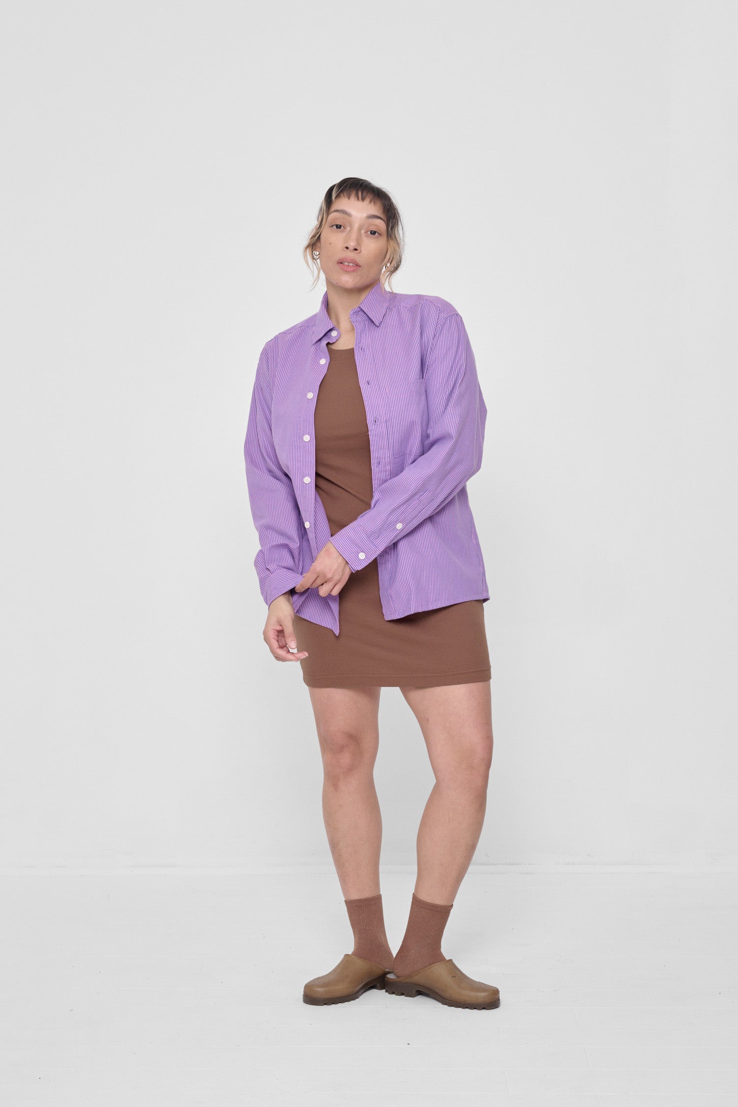 Styled with Potting Soil Rib Dress and Pixie Stripe Button-Up Shirt.